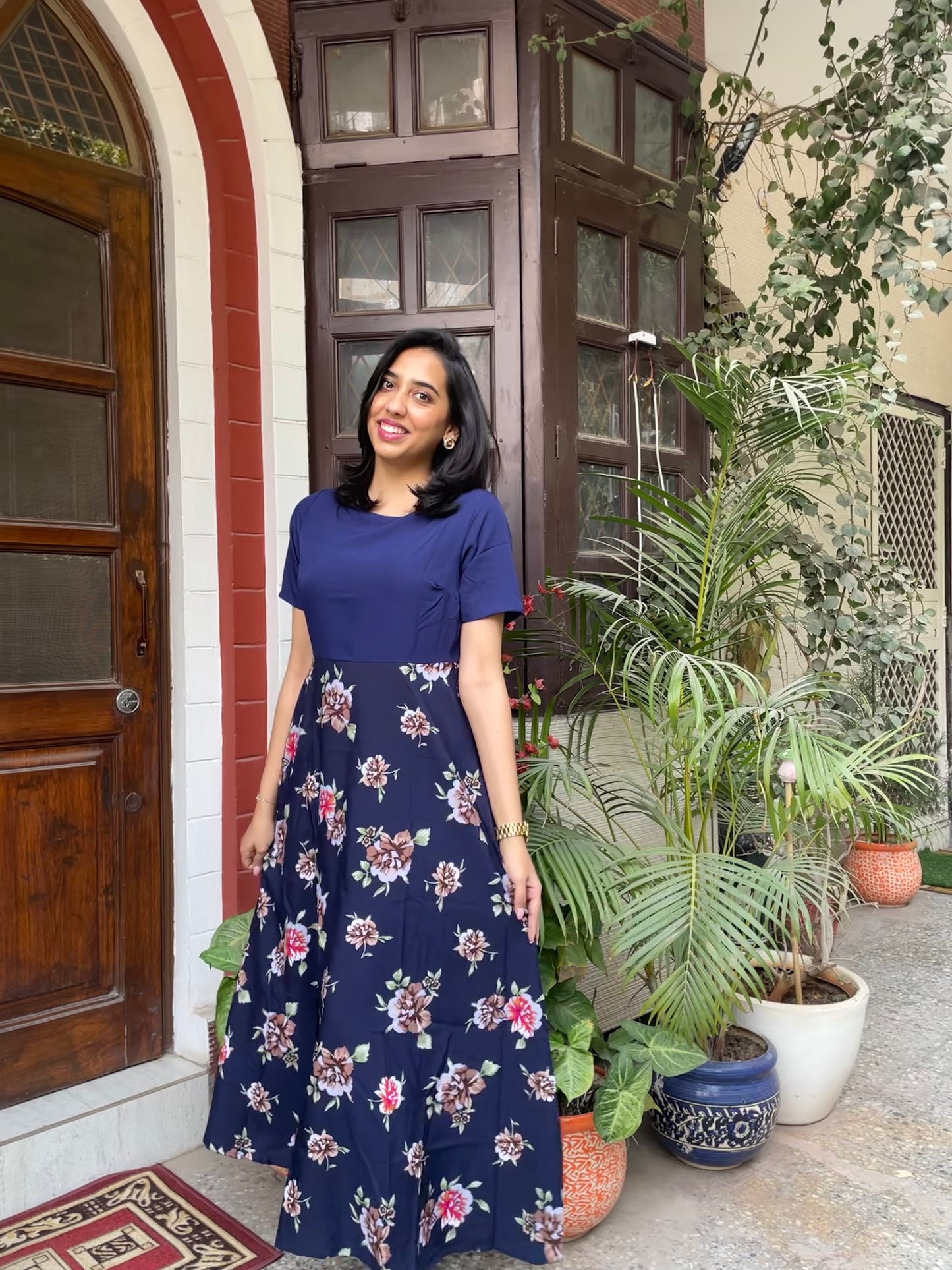 Border Printed Maxi Dress – Navy