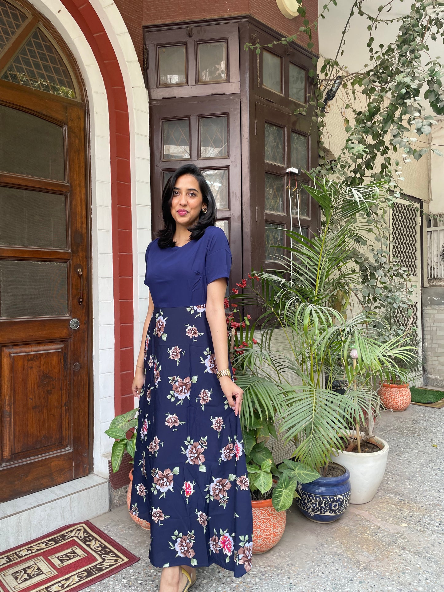 Border Printed Maxi Dress – Navy