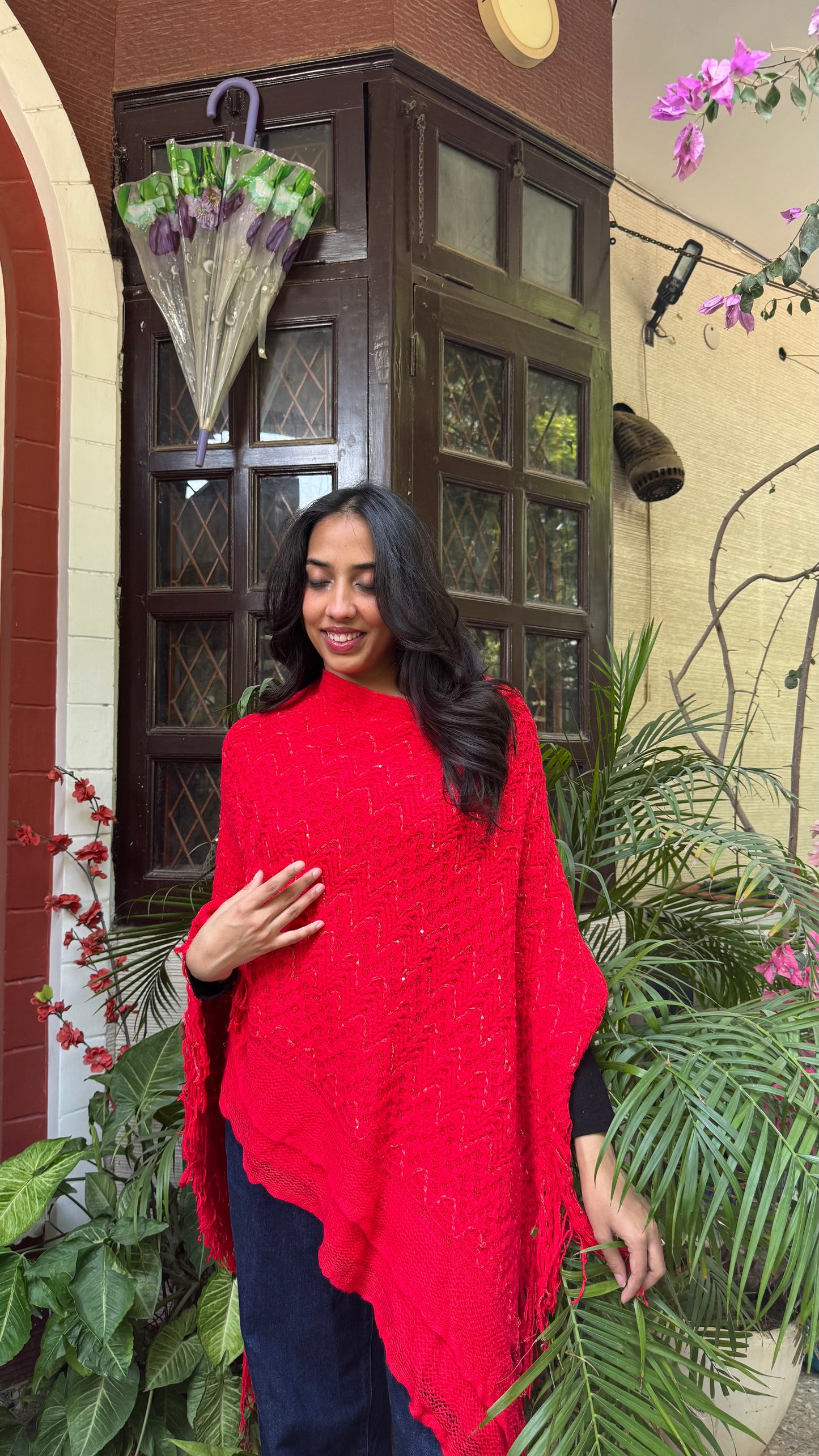 Red Knit Woollen Poncho (Free Size)
