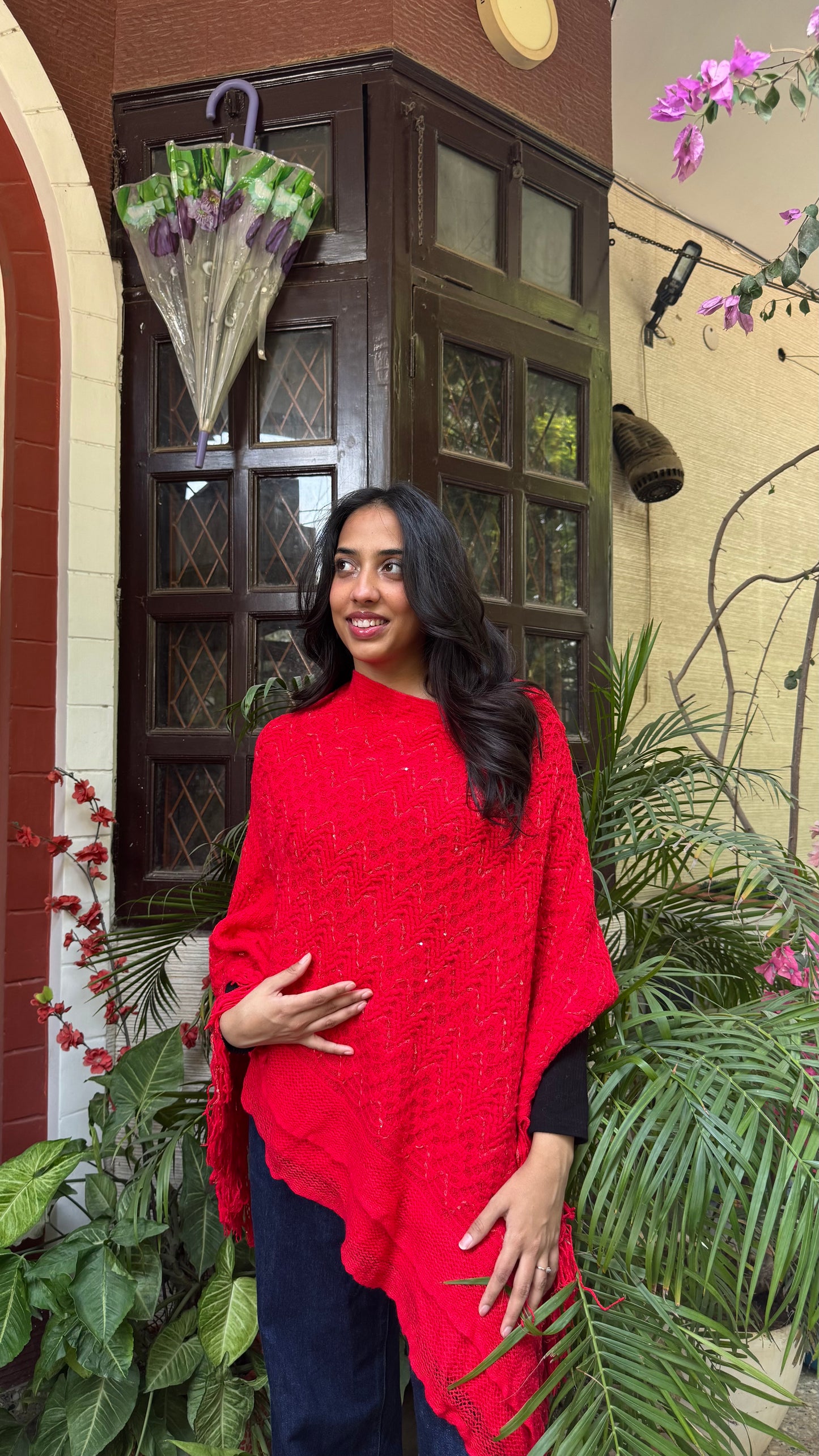 Red Knit Woollen Poncho (Free Size)