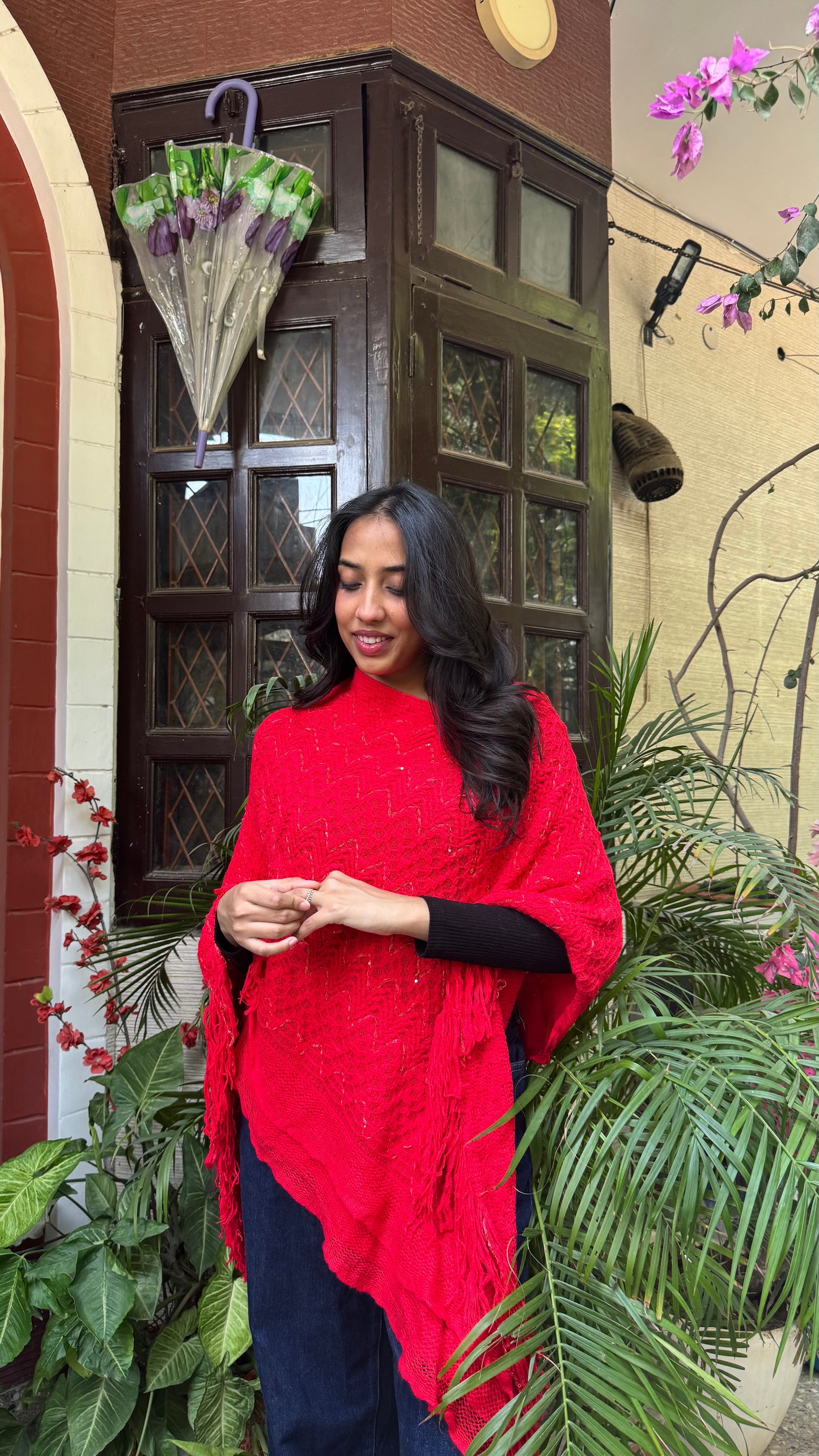 Red Knit Woollen Poncho (Free Size)