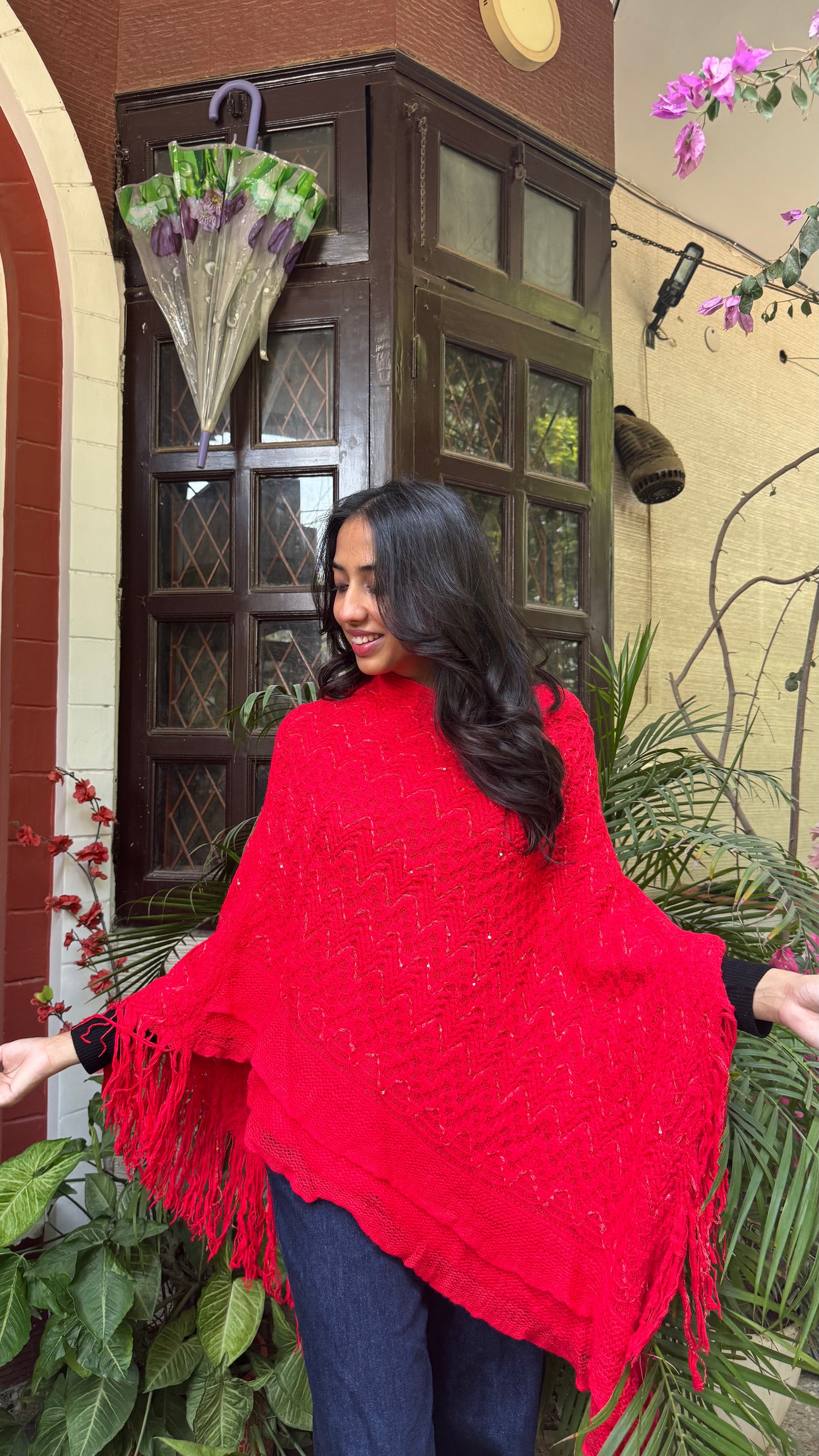 Red Knit Woollen Poncho (Free Size)