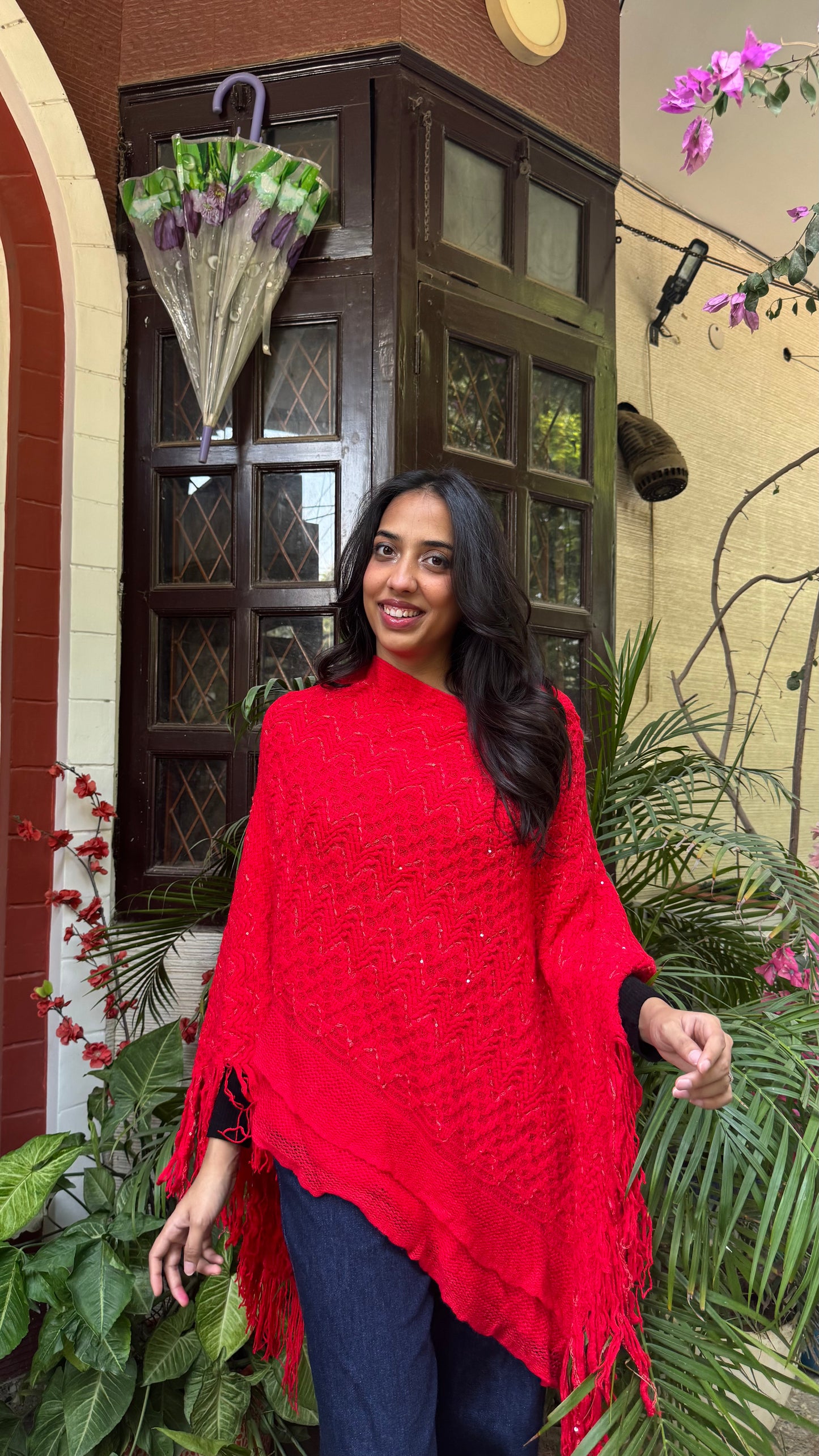 Red Knit Woollen Poncho (Free Size)