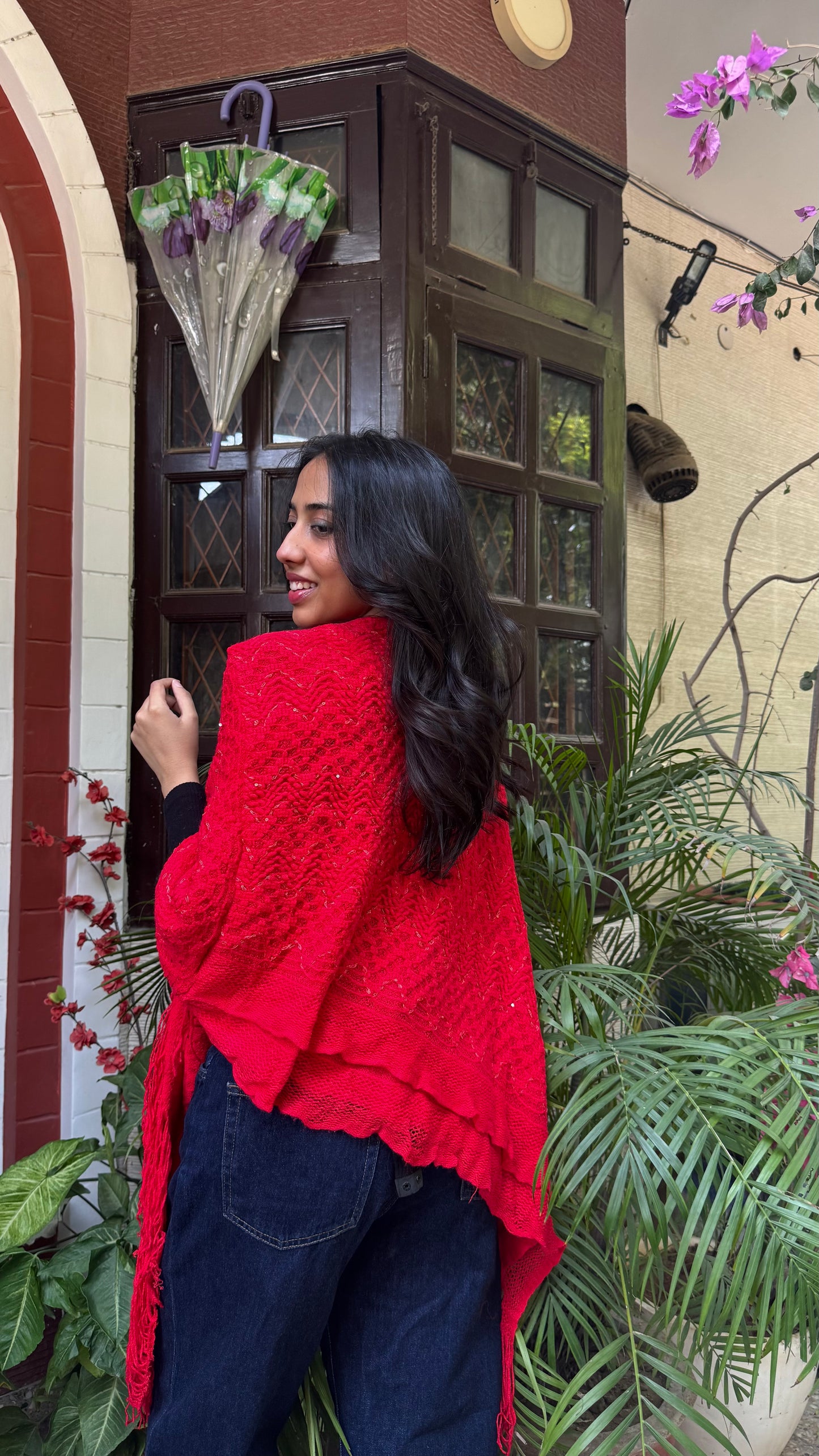 Red Knit Woollen Poncho (Free Size)