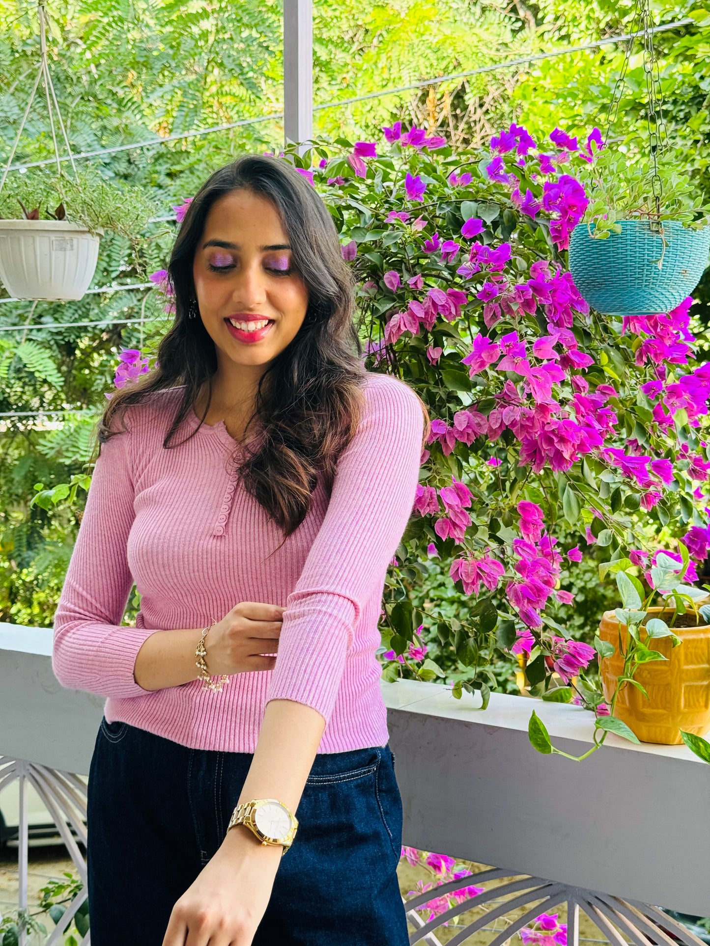 Henley Collar Ribbed Sweater (Free Size)