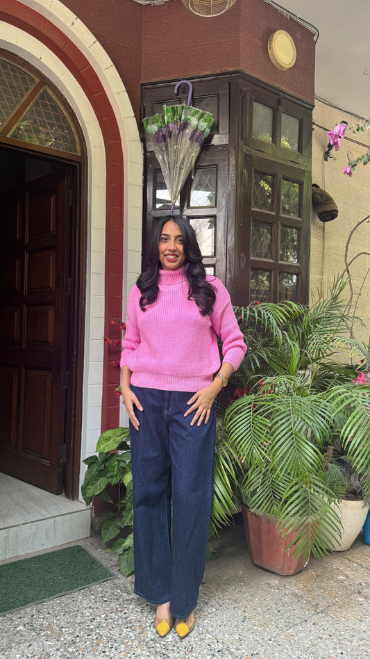 Cotton Candy Knit Turtleneck - Solid Pink (Free Size)