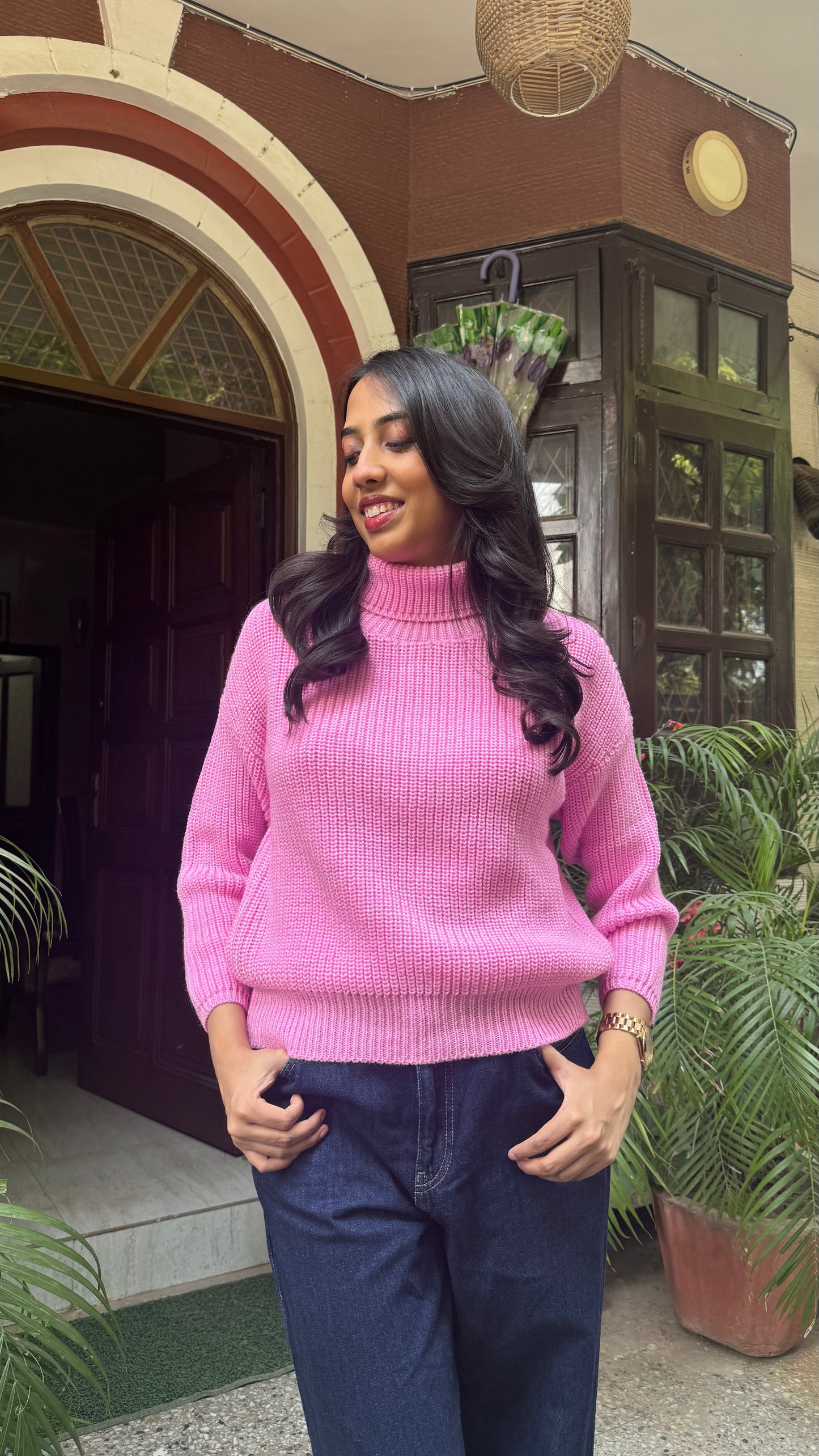 Cotton Candy Knit Turtleneck - Solid Pink (Free Size)