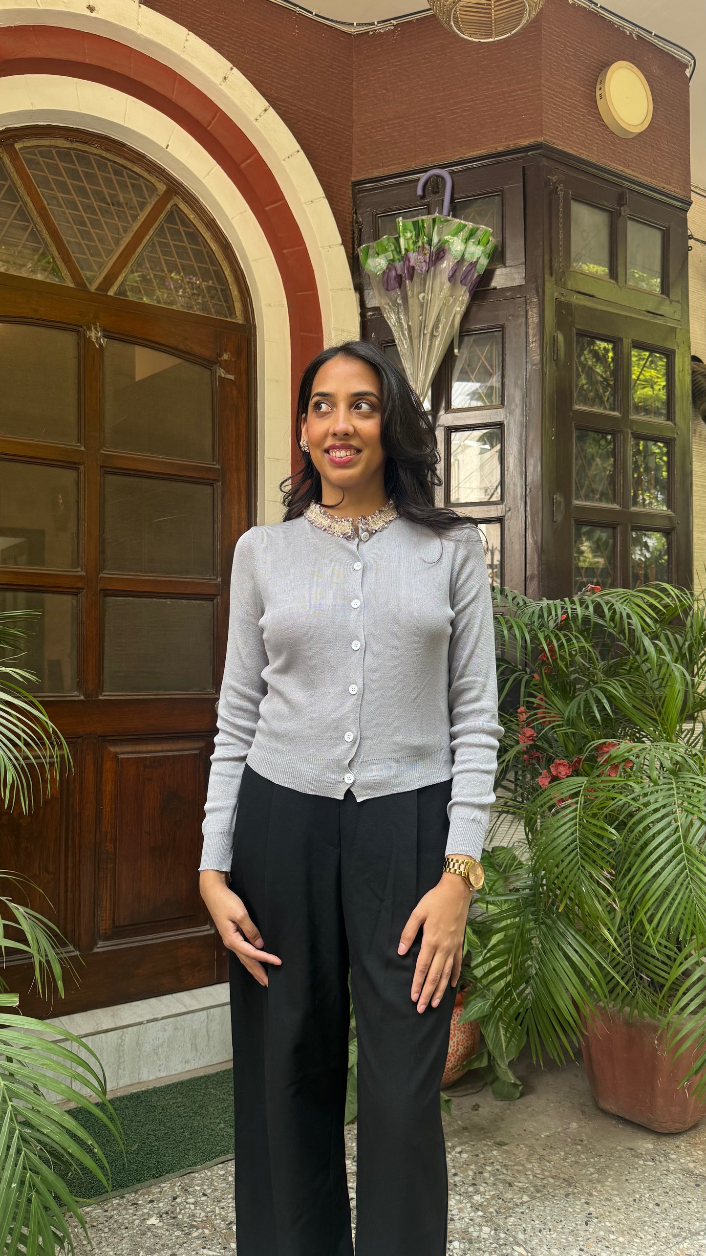 Korean Collared Cardigan - Grey