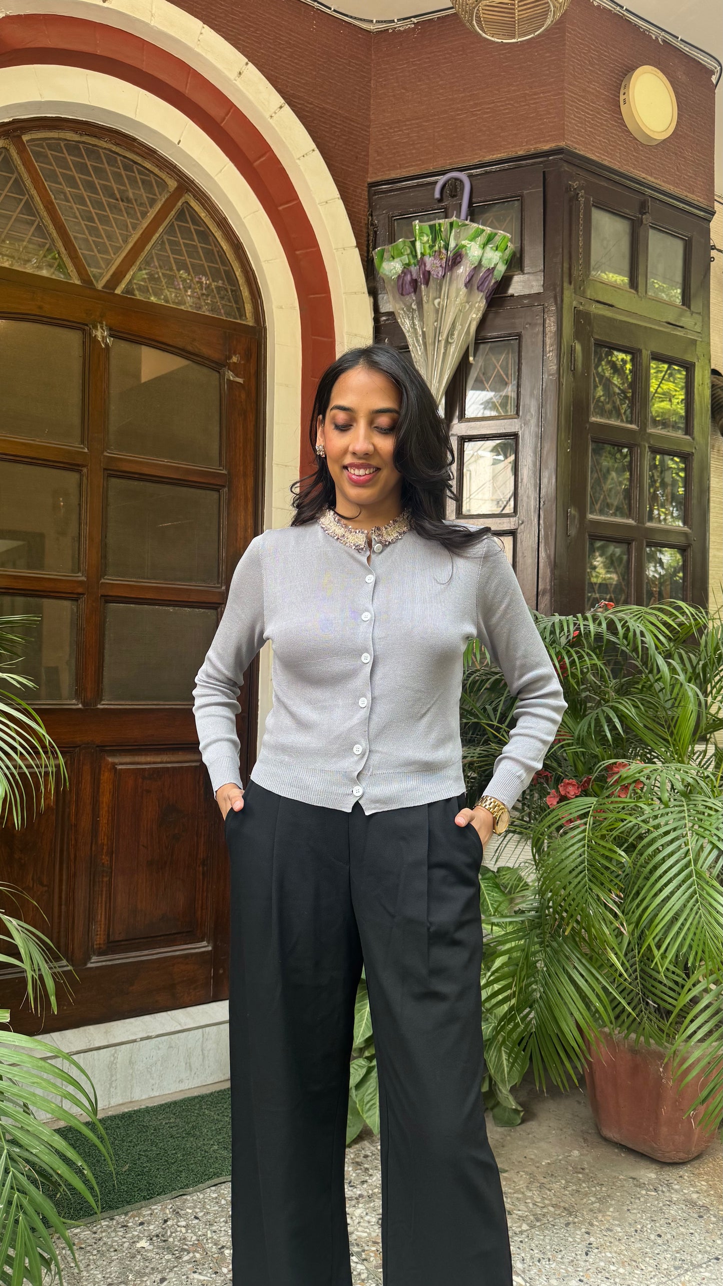 Korean Collared Cardigan - Grey