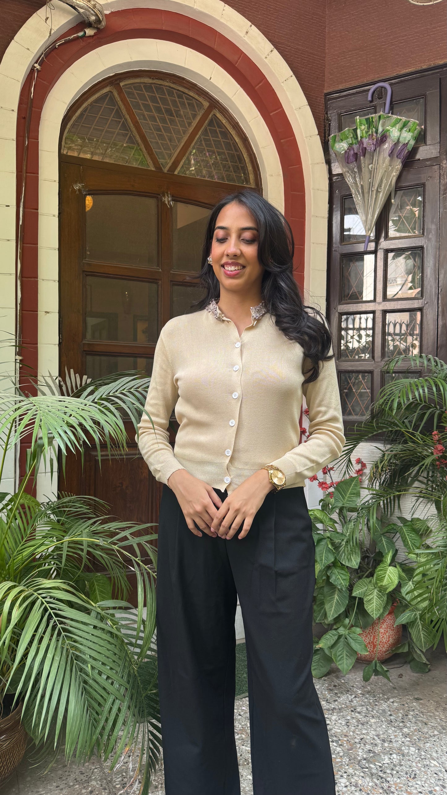 Korean Collared Cardigan - Cream