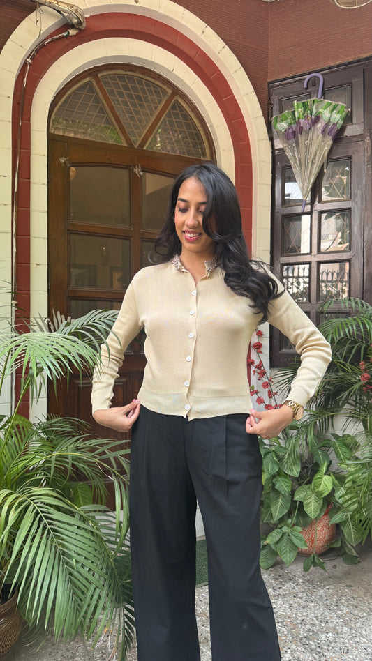 Korean Collared Cardigan - Cream