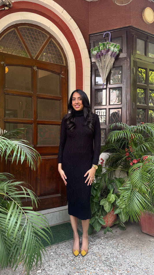 Knit Sweater Dress- Black (Free Size)