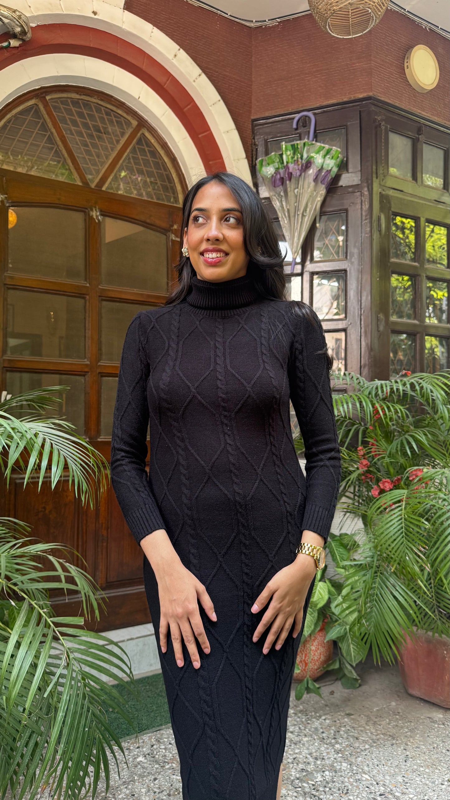 Knit Sweater Dress- Black (Free Size)