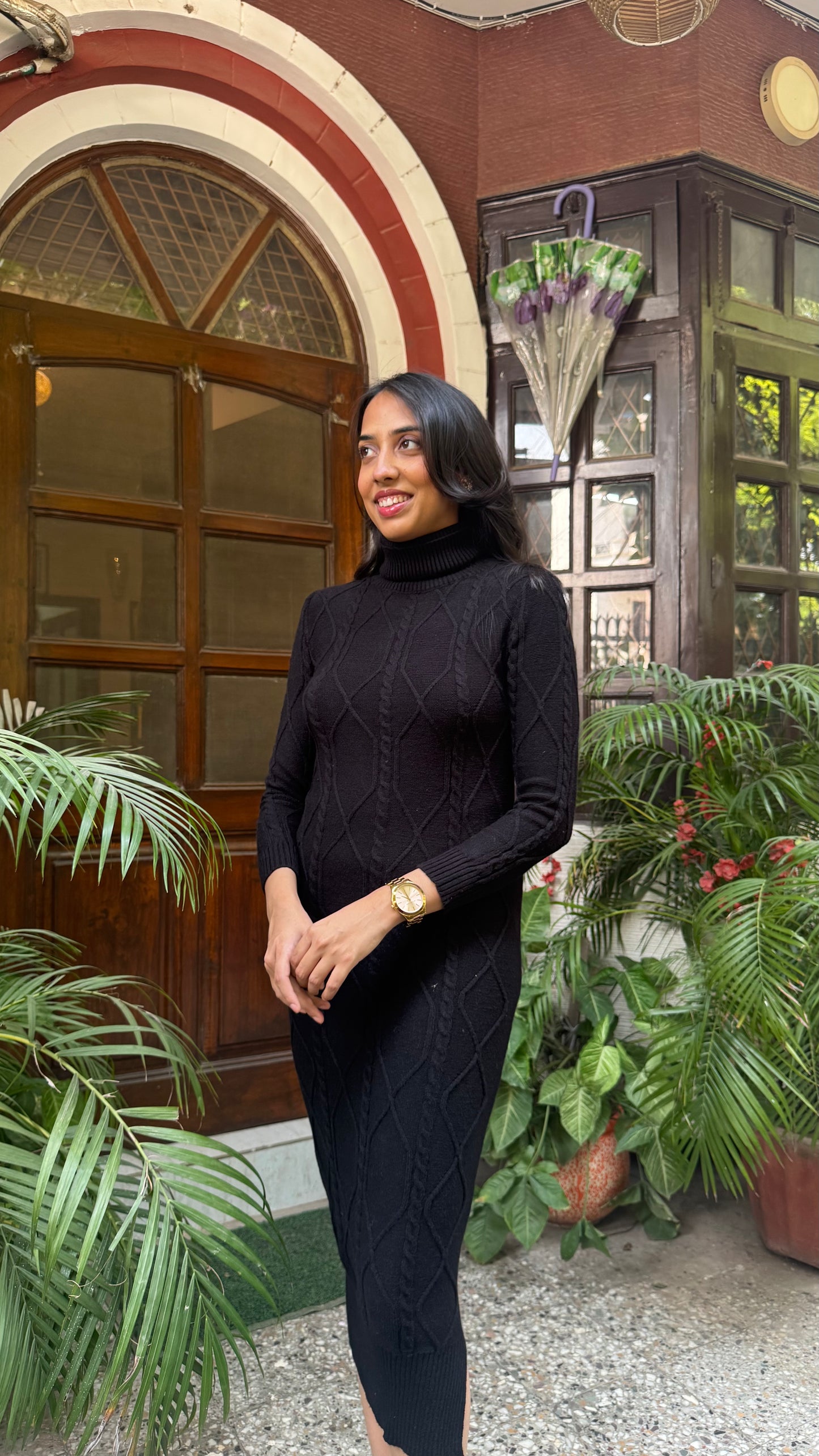 Knit Sweater Dress- Black (Free Size)