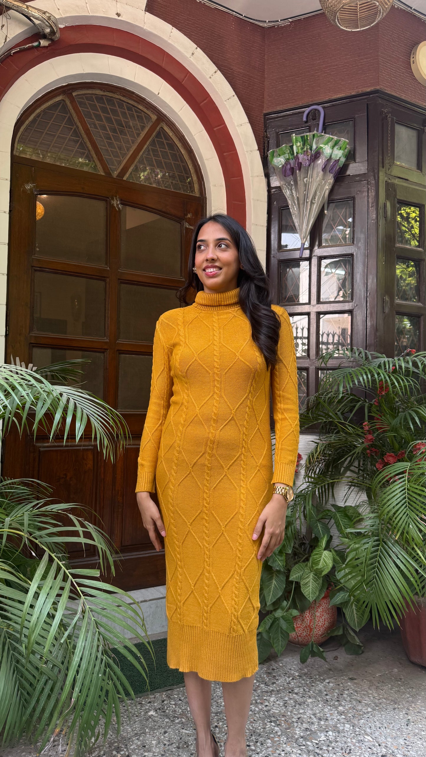 Knit Sweater Dress- Mustard (Free Size)