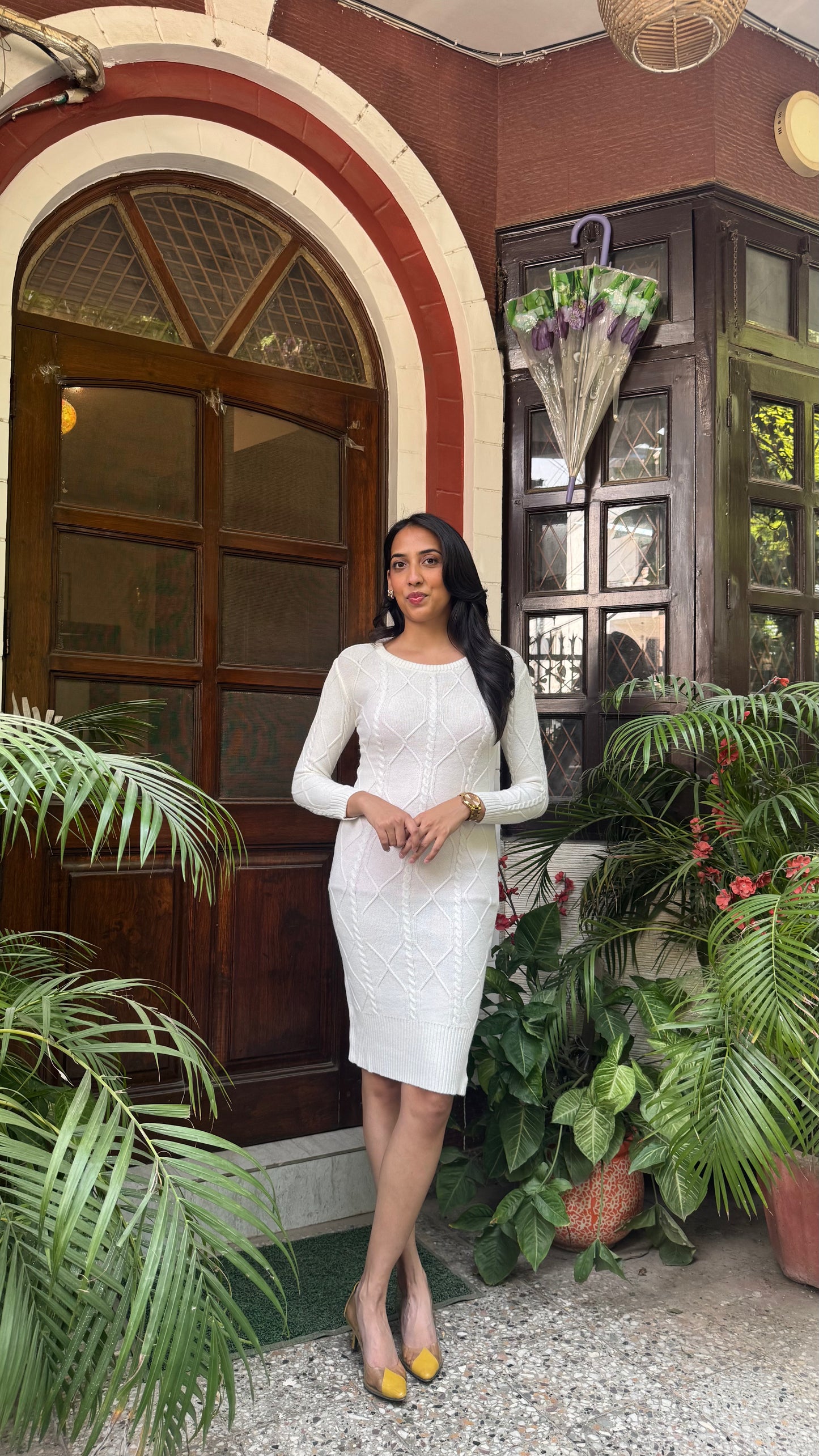 Crew Neck Sweater Dress- White (Free Size)