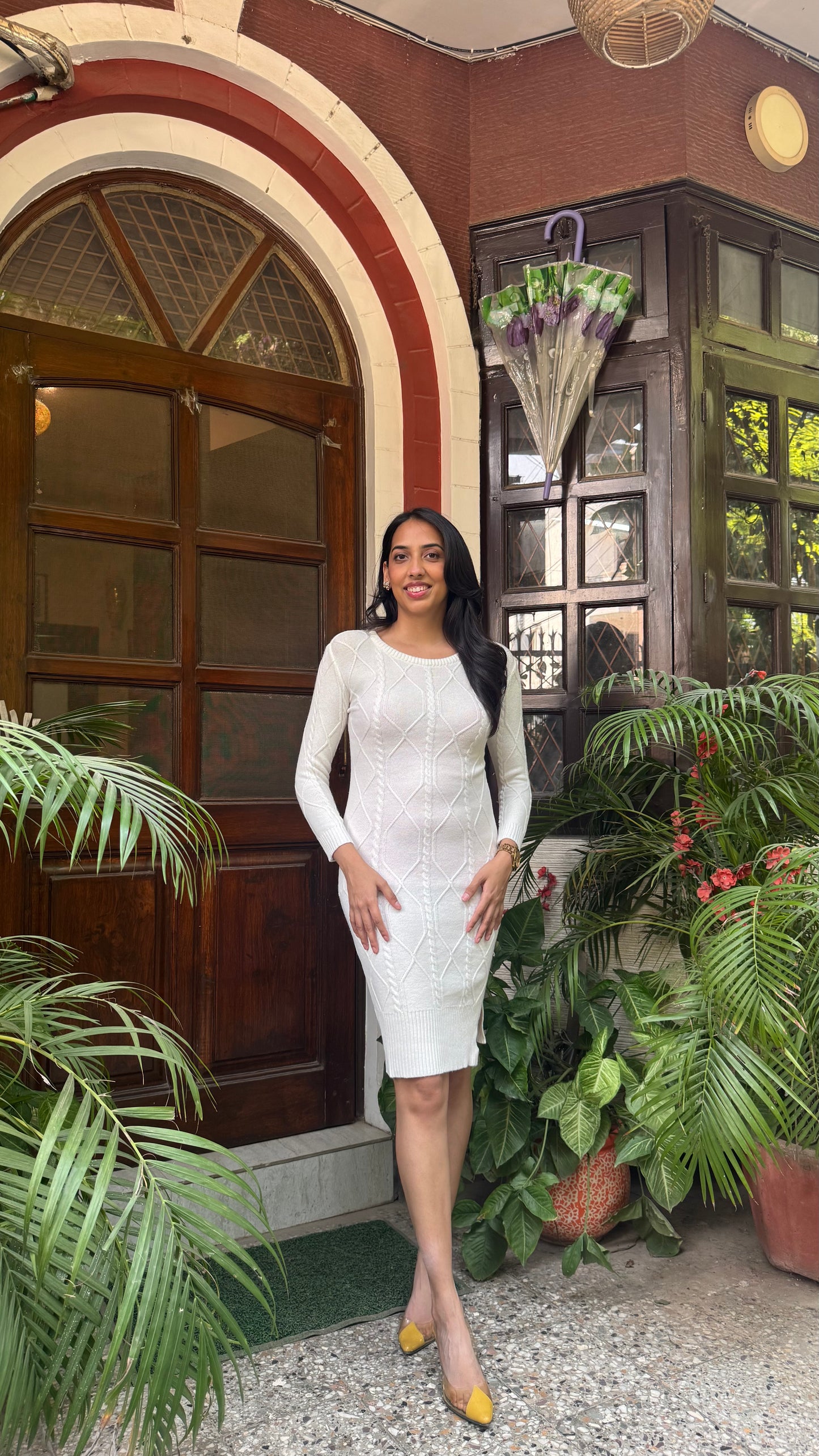 Crew Neck Sweater Dress- White (Free Size)