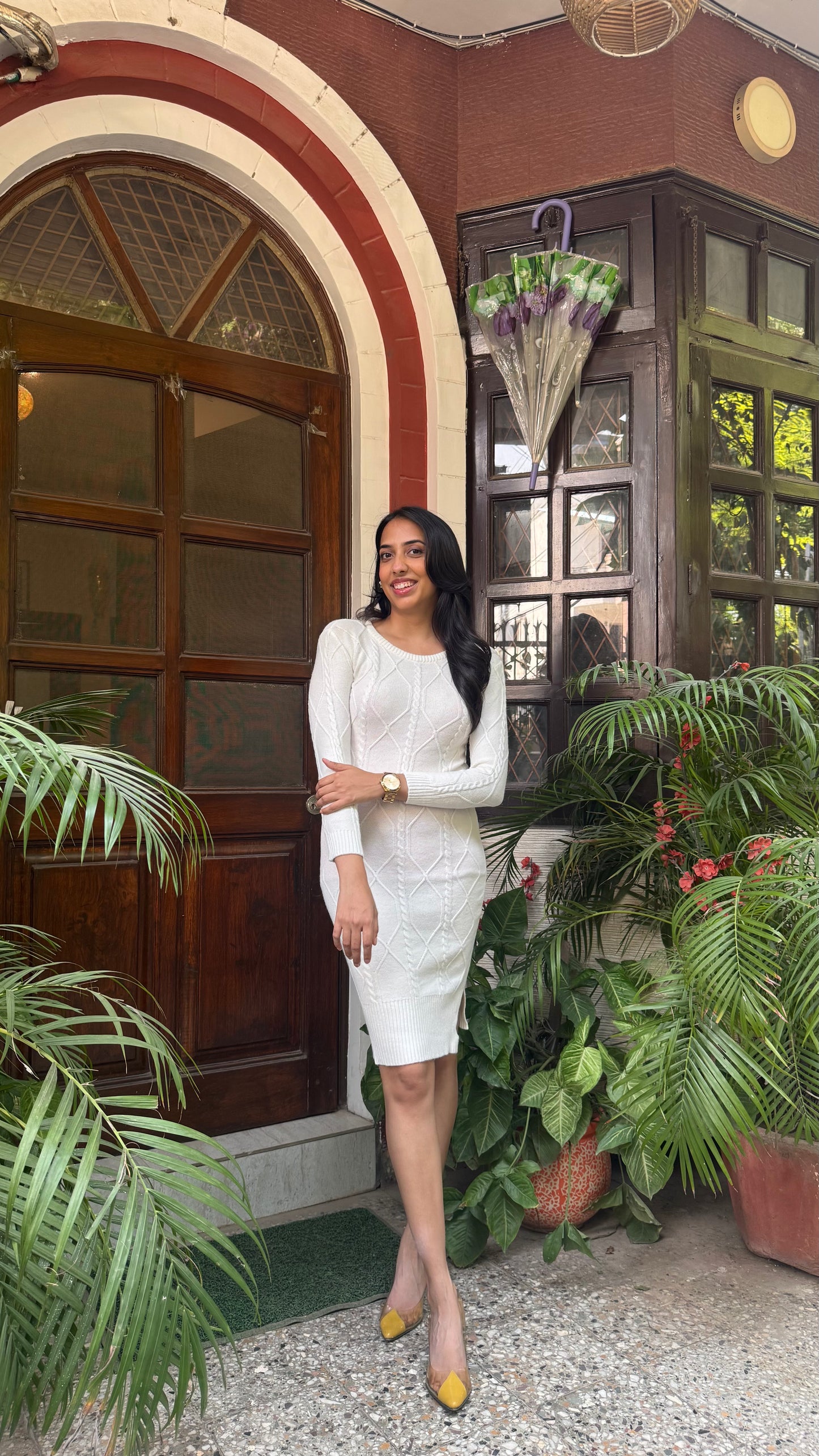 Crew Neck Sweater Dress- White (Free Size)