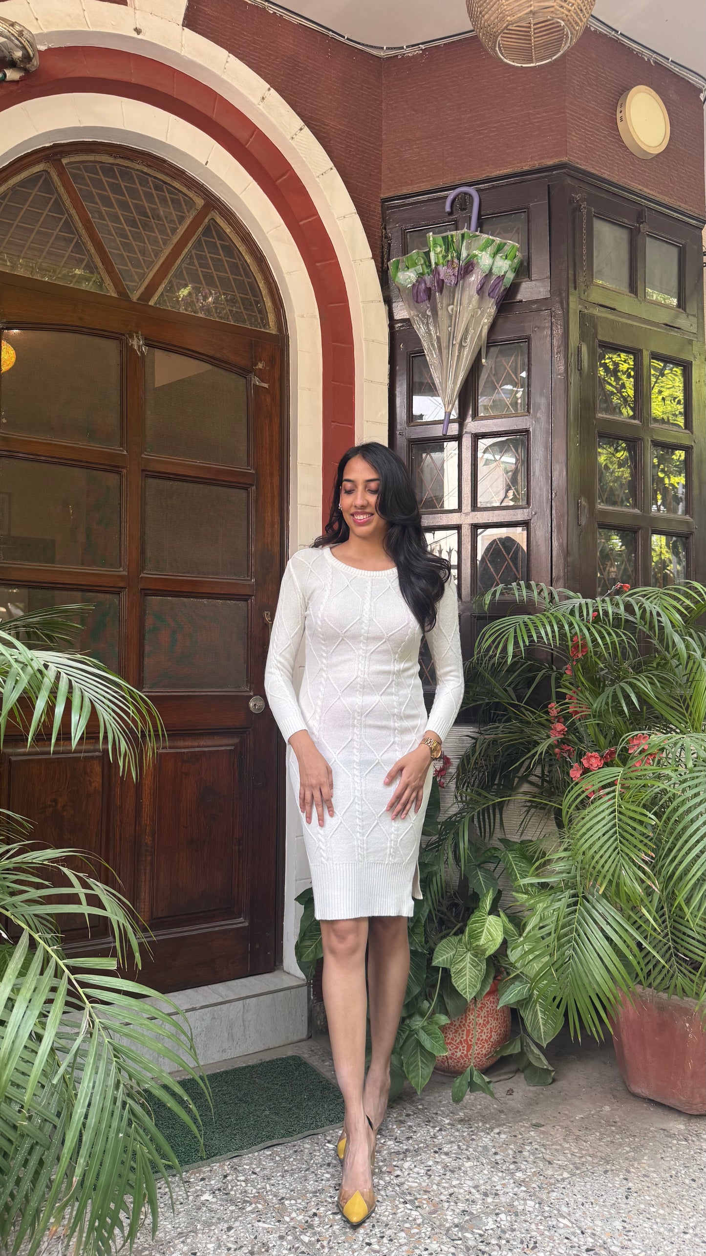 Crew Neck Sweater Dress- White (Free Size)