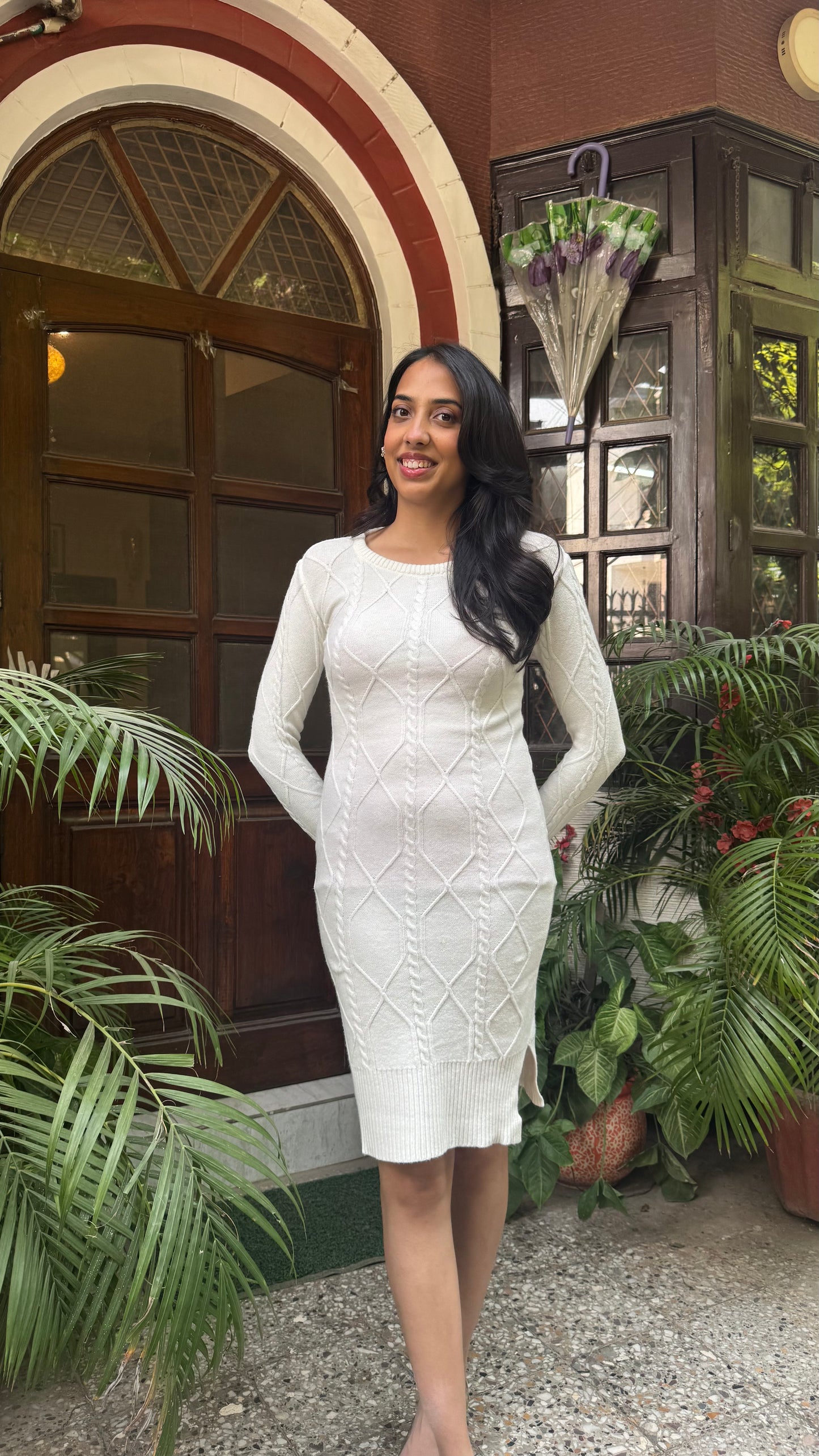 Crew Neck Sweater Dress- White (Free Size)