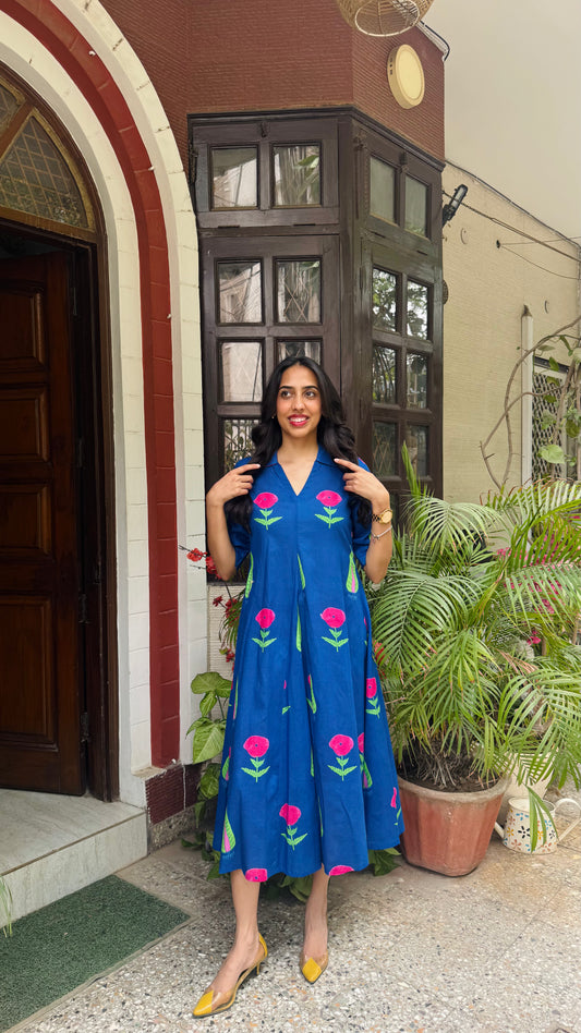 Picnic Collared Cotton Dress - Blue (Premium Collection)