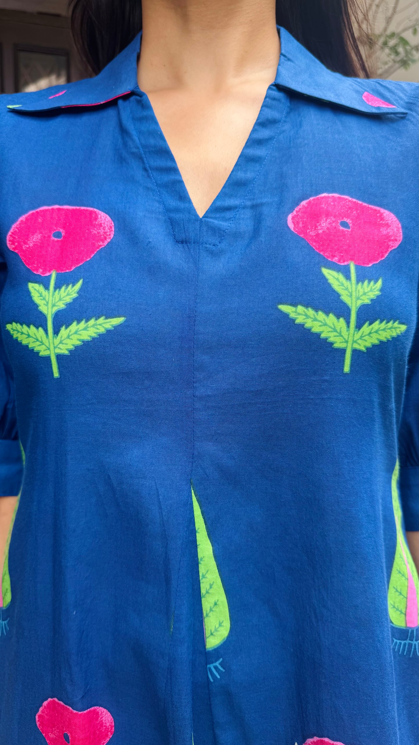Picnic Collared Cotton Dress - Blue (Premium Collection)