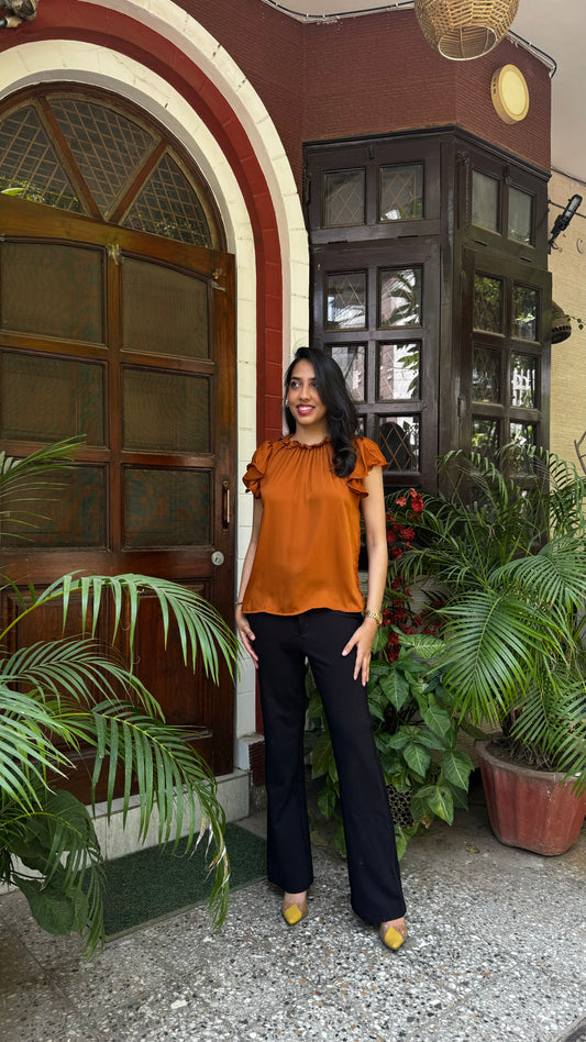 Ruffle Satin Top – Brown