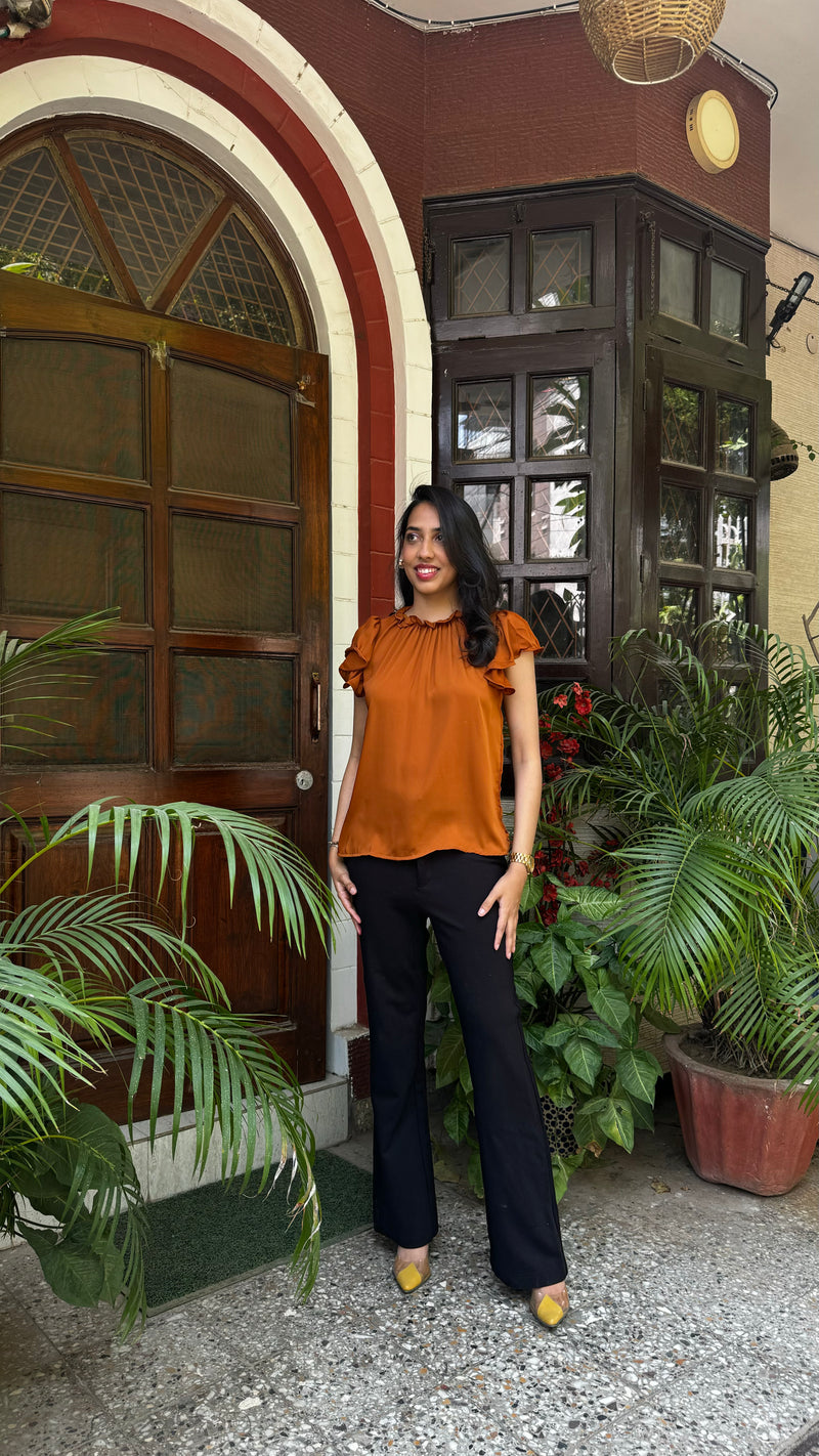 Ruffle Satin Top – Brown