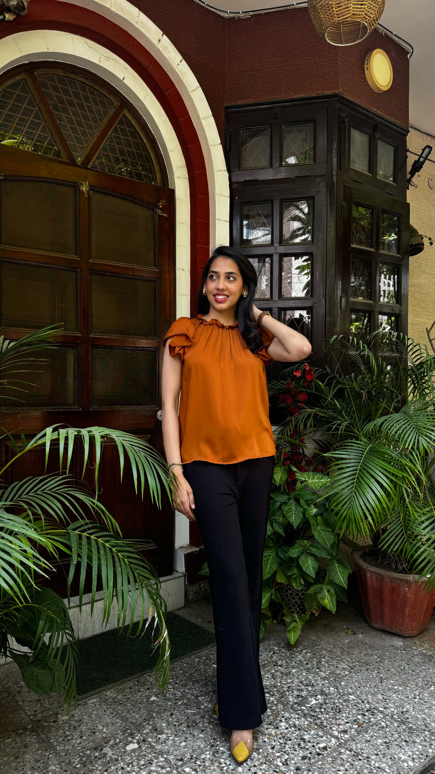 Ruffle Satin Top – Brown