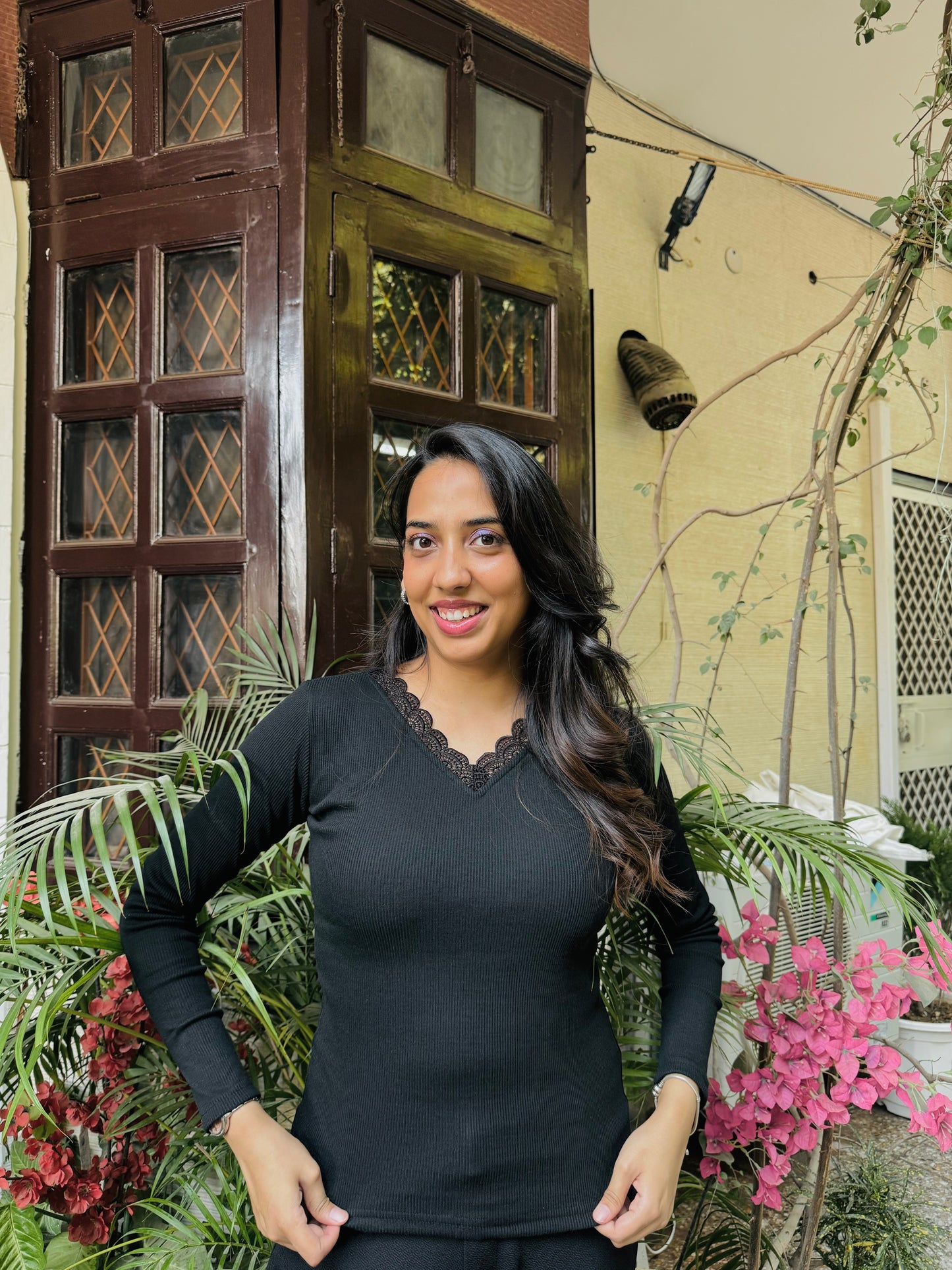 Lace Cotton Ribbed Top - Black