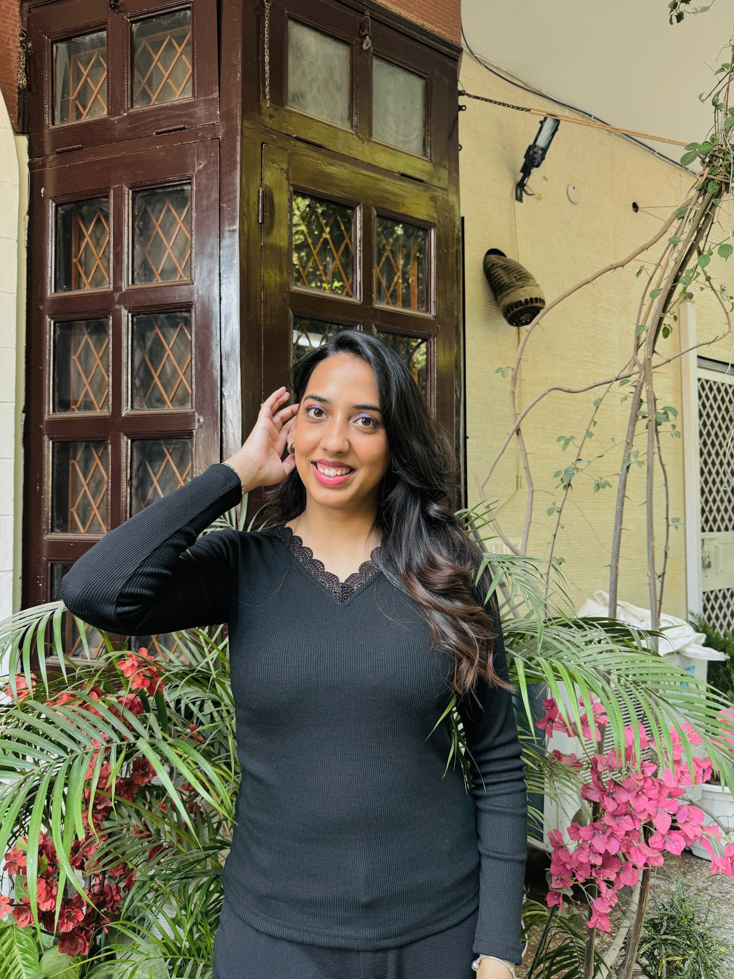 Lace Cotton Ribbed Top - Black