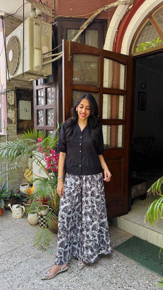 Solid Wild Flower Cotton Shirt - Black