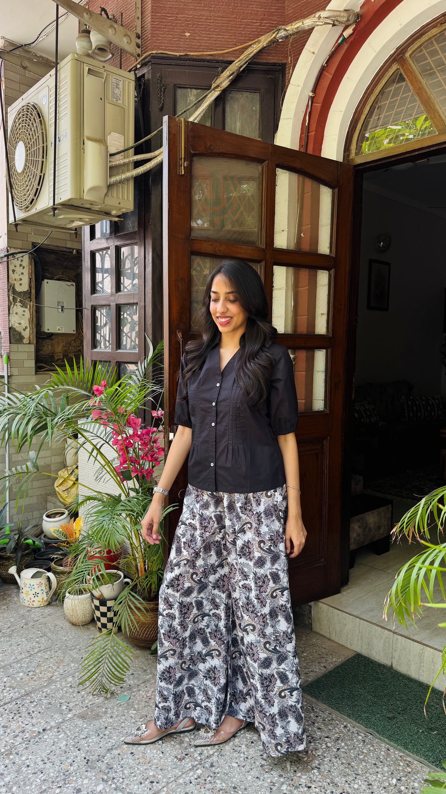 Solid Wild Flower Cotton Shirt - Black