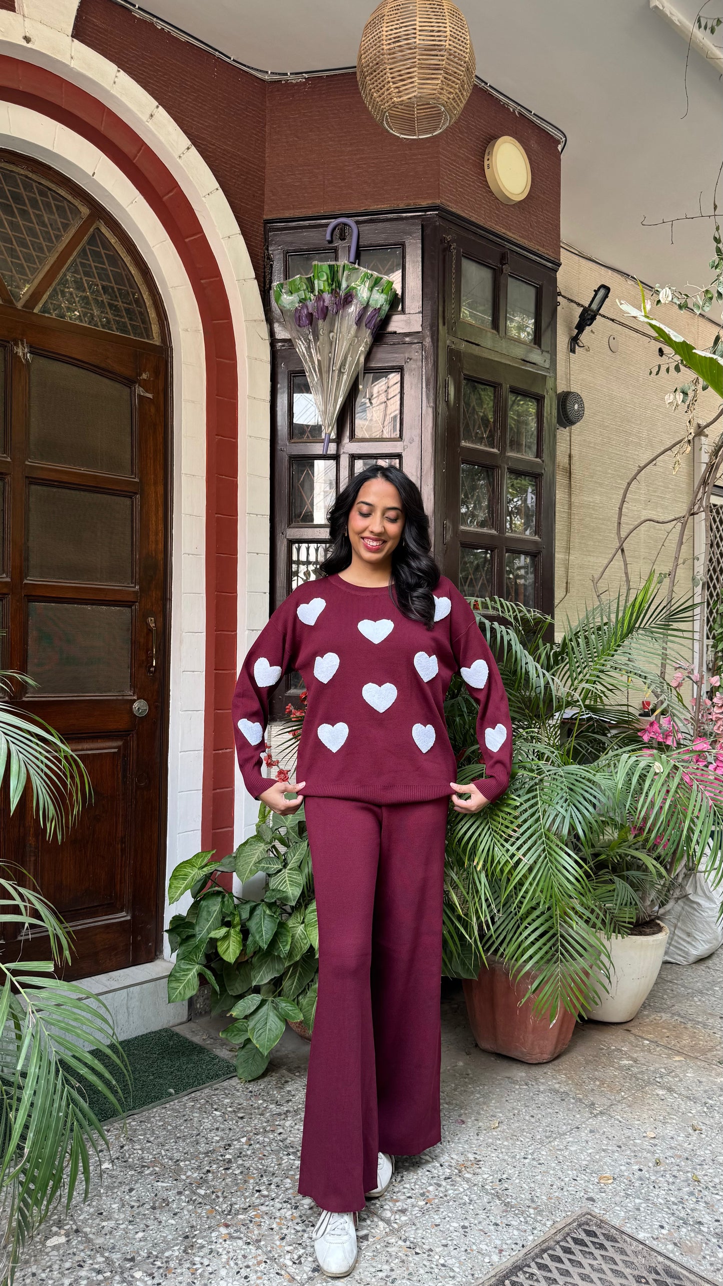 Love Bug Heart Sweater Set - Wine (Free Size) - Premium Collection