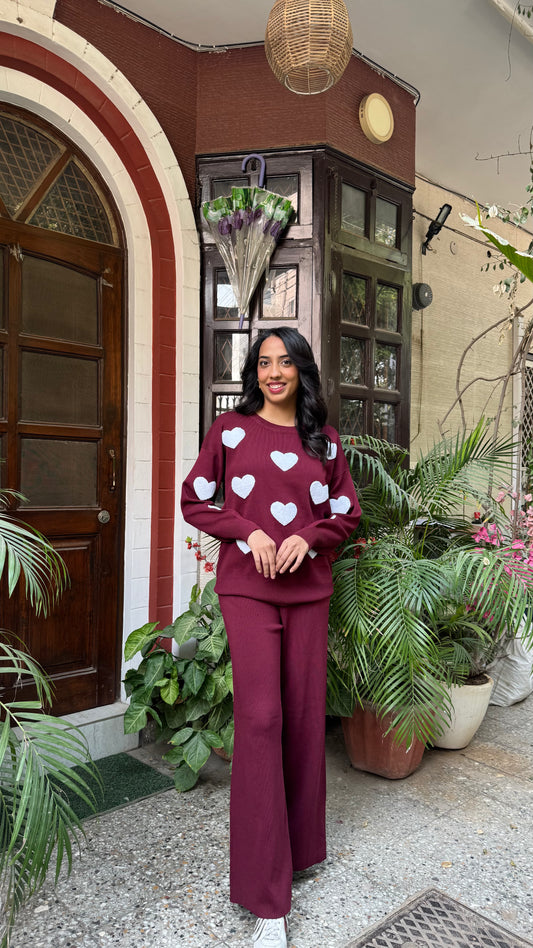 Love Bug Heart Sweater Set - Wine (Free Size) - Premium Collection
