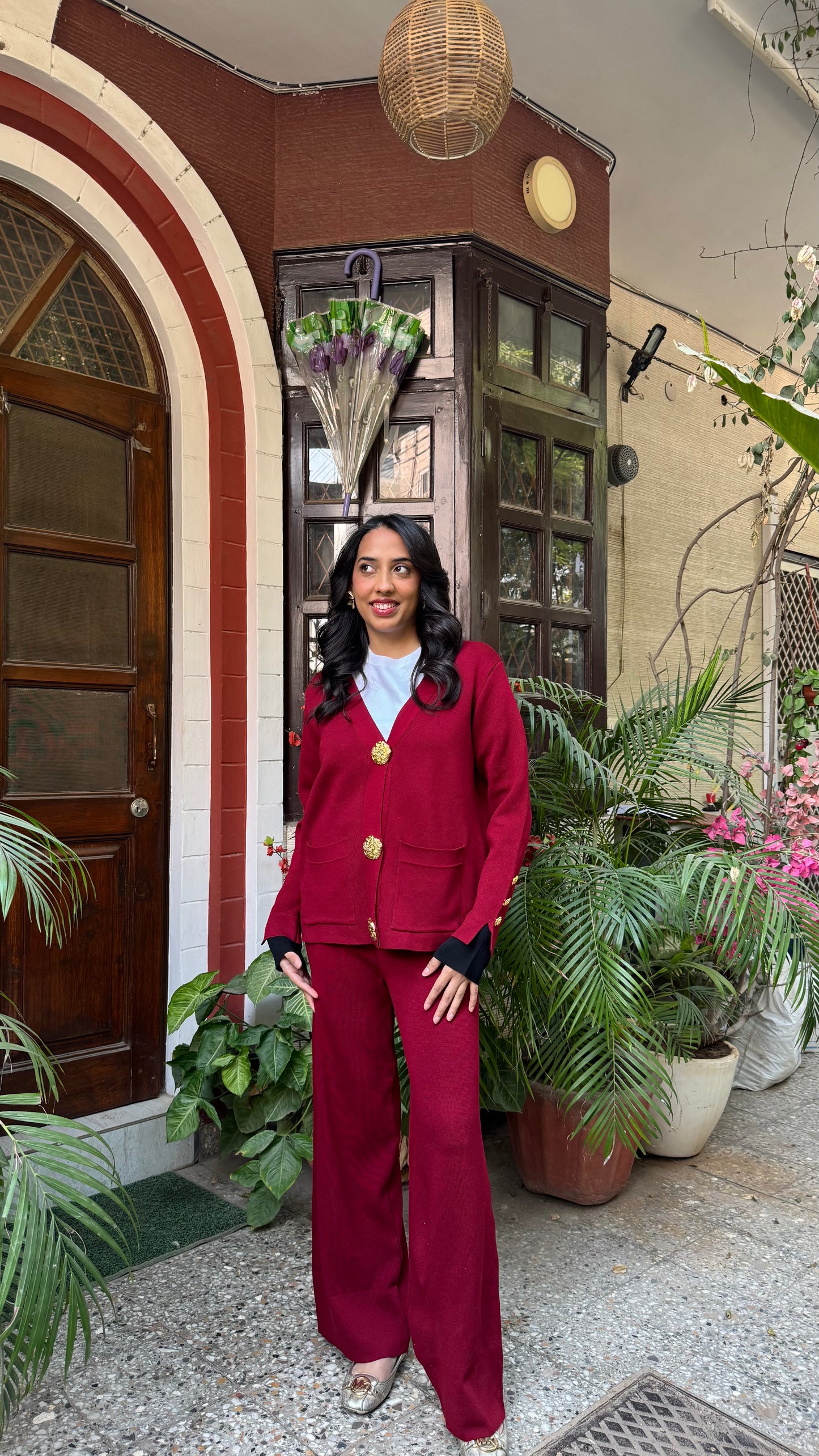 Timeless Golden Buttoned Sweater Set - Burgundy (Free Size) - Premium Collection