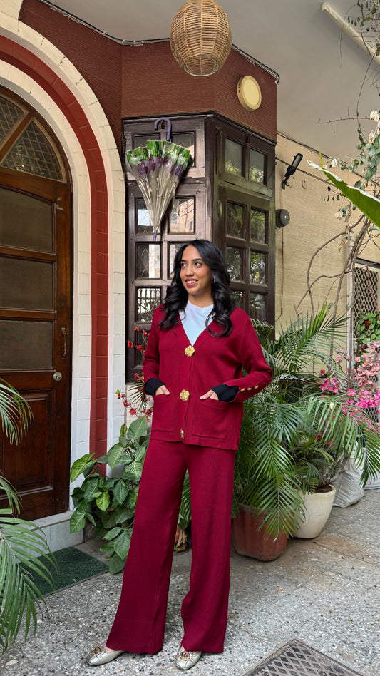 Timeless Golden Buttoned Sweater Set - Burgundy (Free Size) - Premium Collection