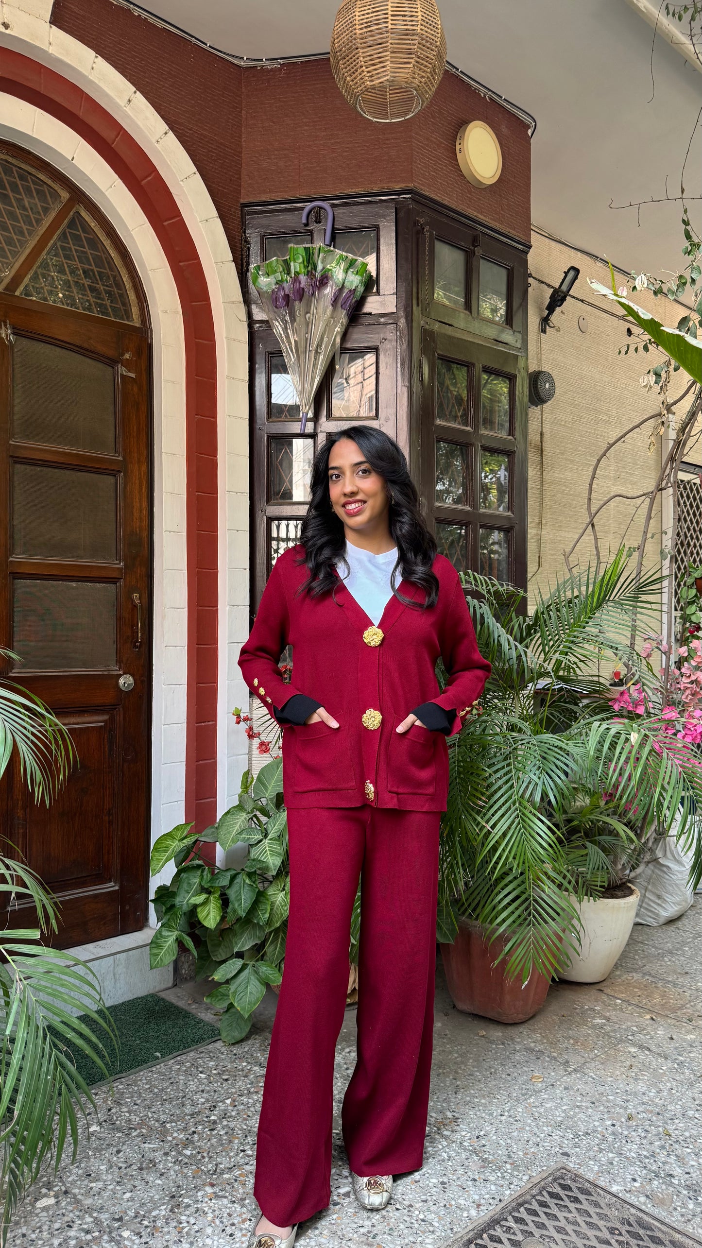 Timeless Golden Buttoned Sweater Set - Burgundy (Free Size) - Premium Collection