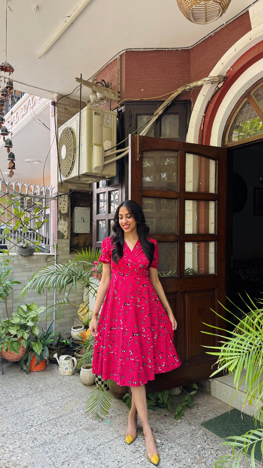 Red Blooms Floral Wrap Dress