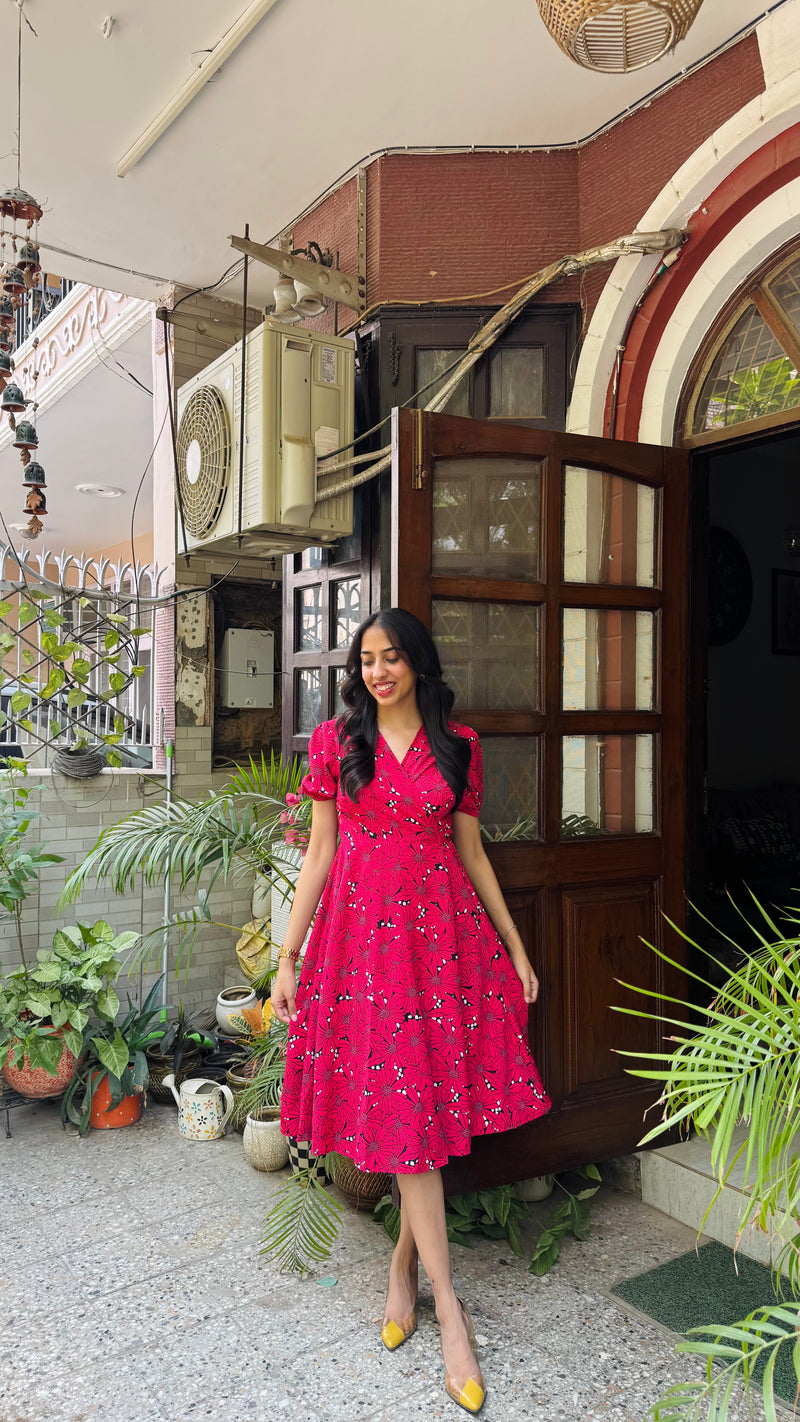 Red Blooms Floral Wrap Dress