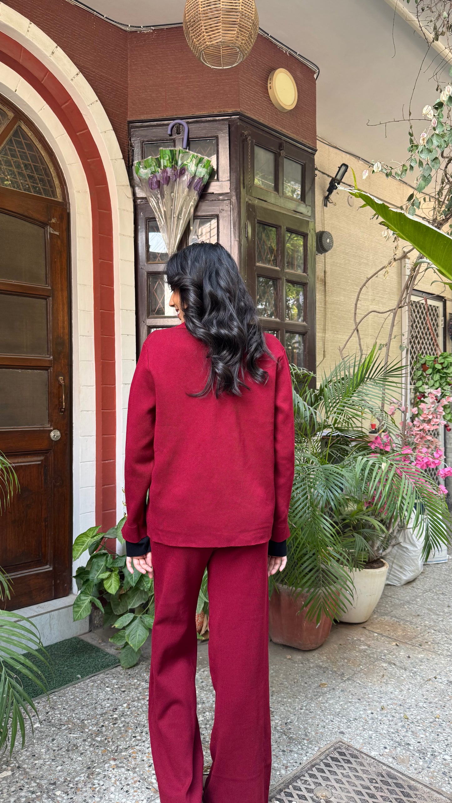 Timeless Golden Buttoned Sweater Set - Burgundy (Free Size) - Premium Collection