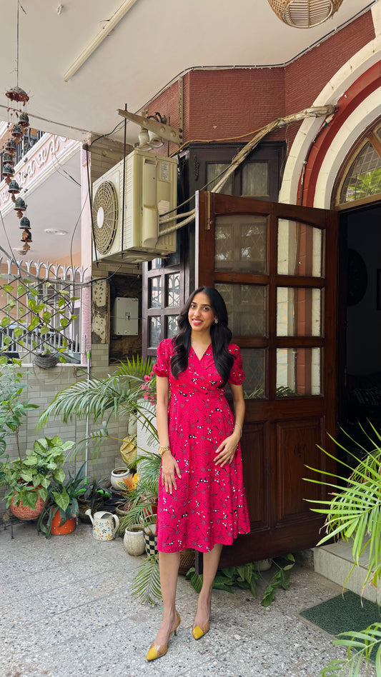 Red Blooms Floral Wrap Dress