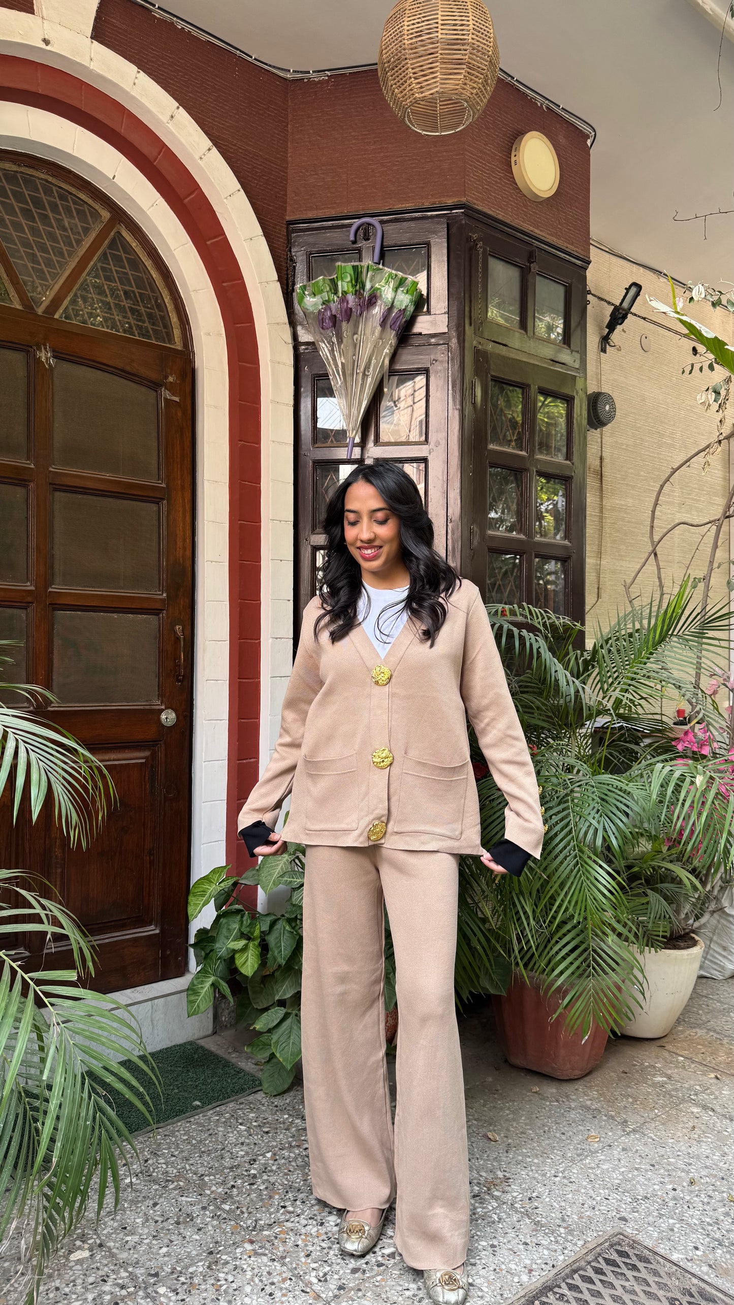 Timeless Golden Buttoned Sweater Set - Beige (Free Size) - Premium Collection