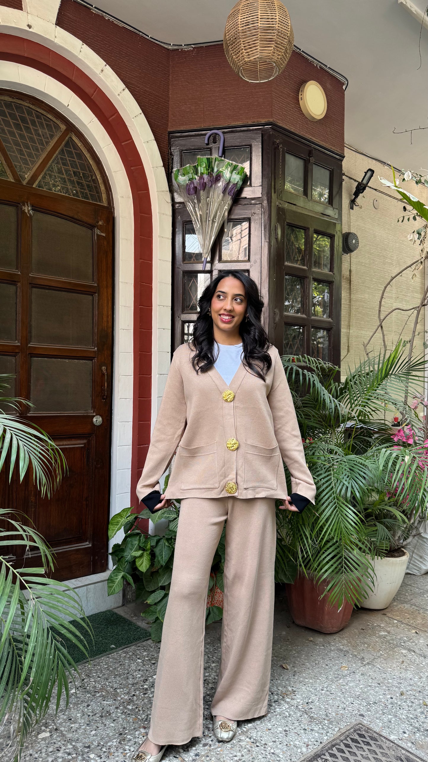 Timeless Golden Buttoned Sweater Set - Beige (Free Size) - Premium Collection