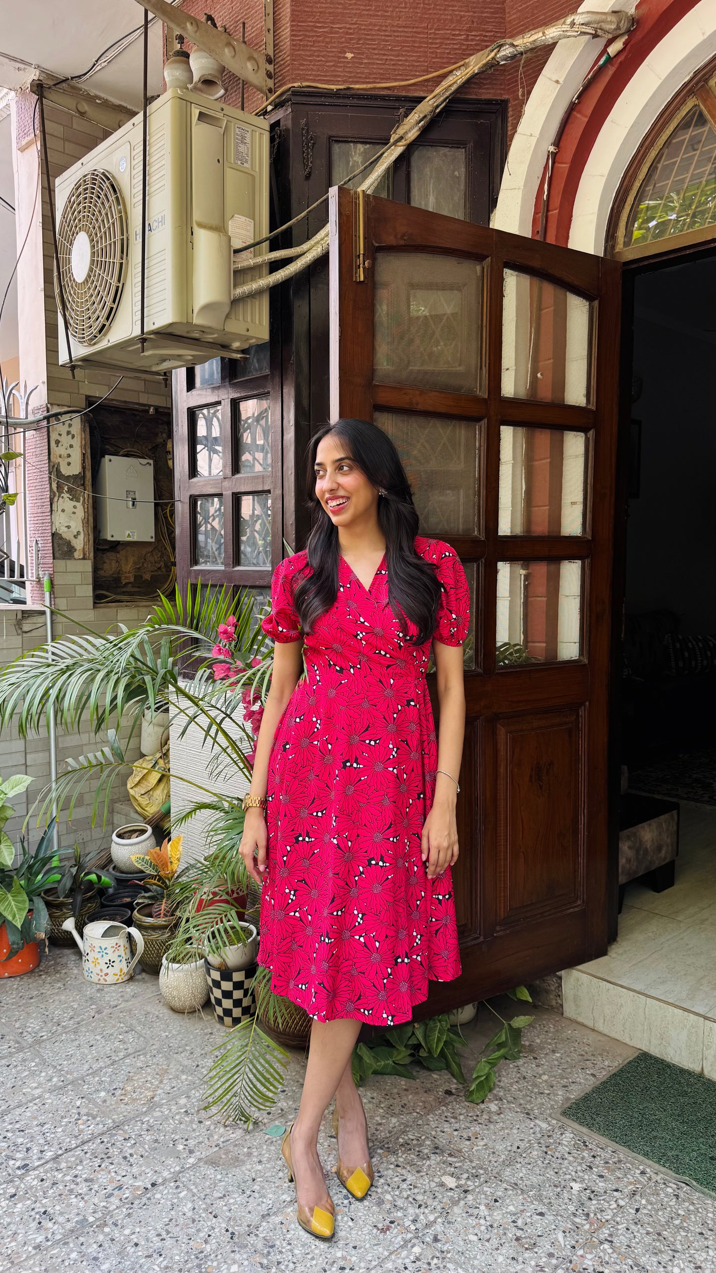 Red Blooms Floral Wrap Dress