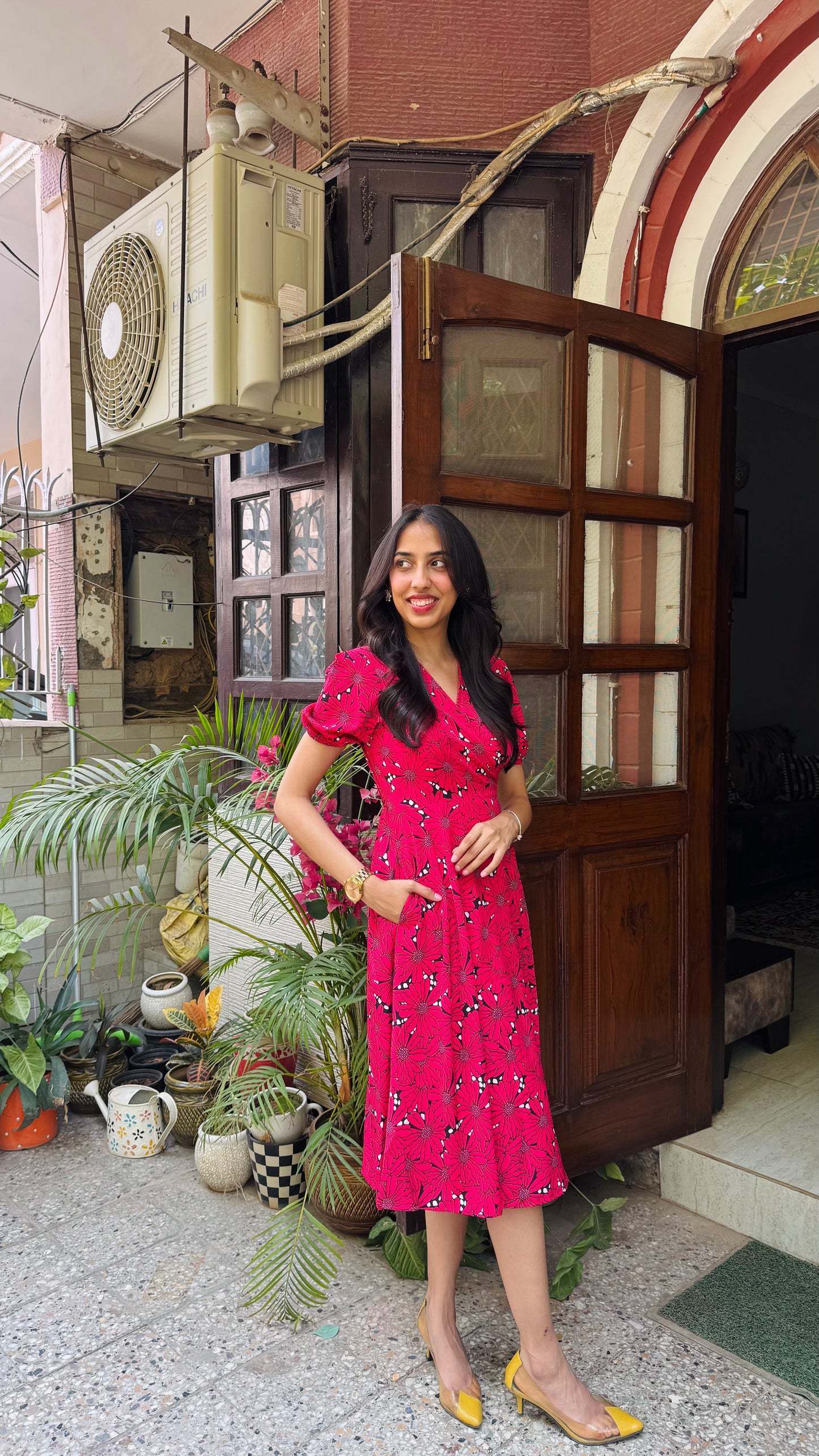 Red Blooms Floral Wrap Dress
