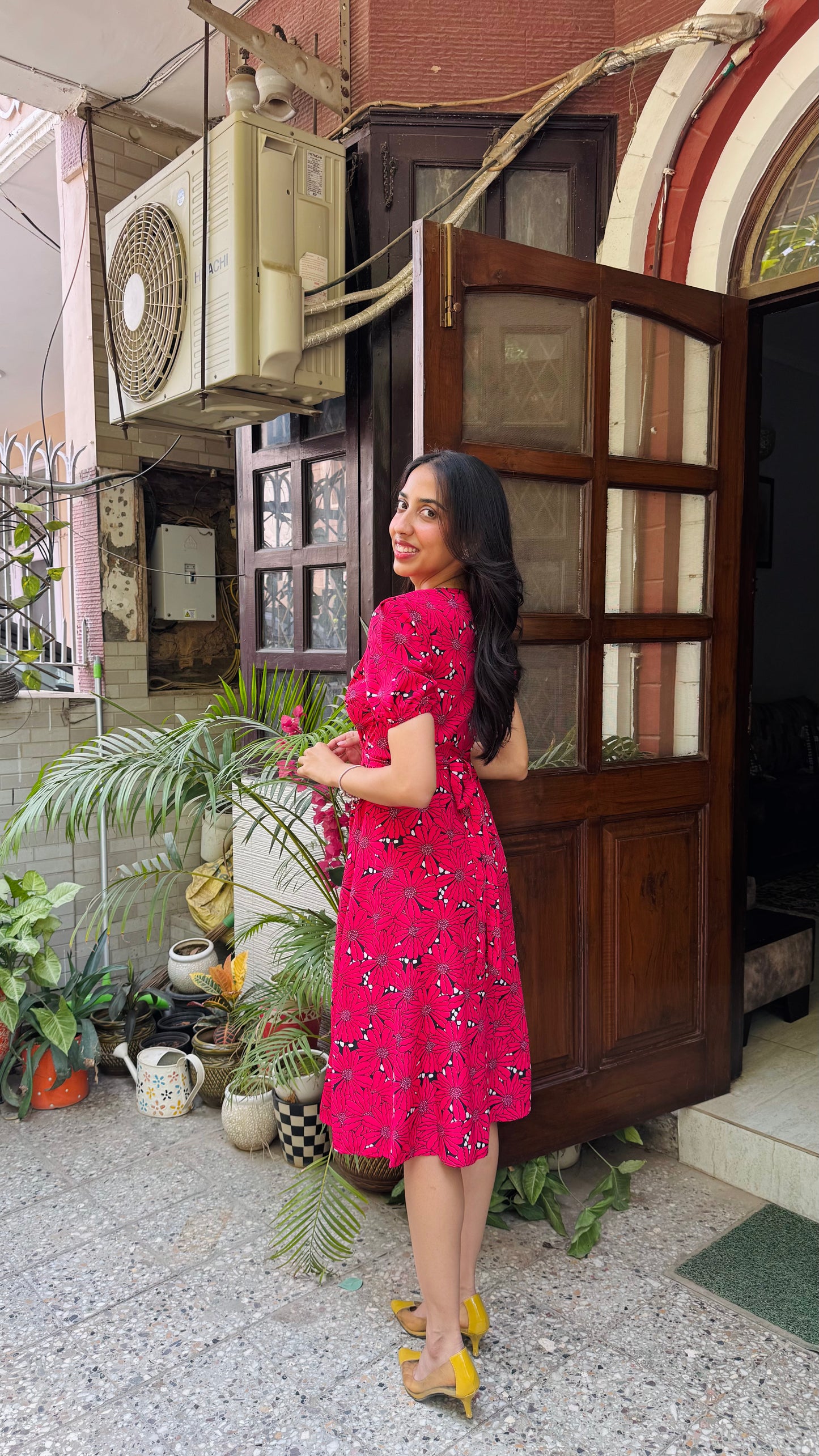 Red Blooms Floral Wrap Dress