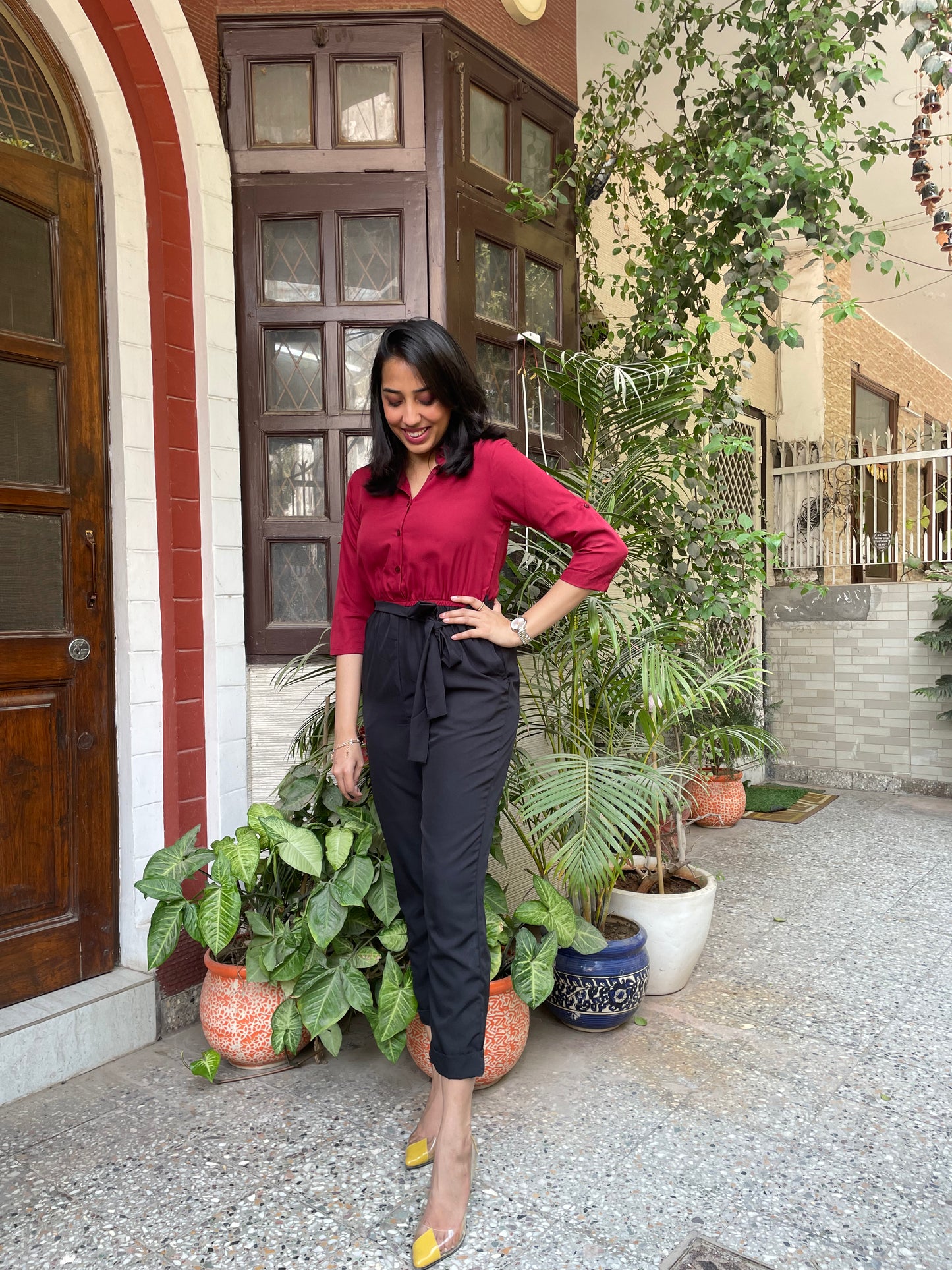 Maroon Shirt & Trousers Jumpsuit