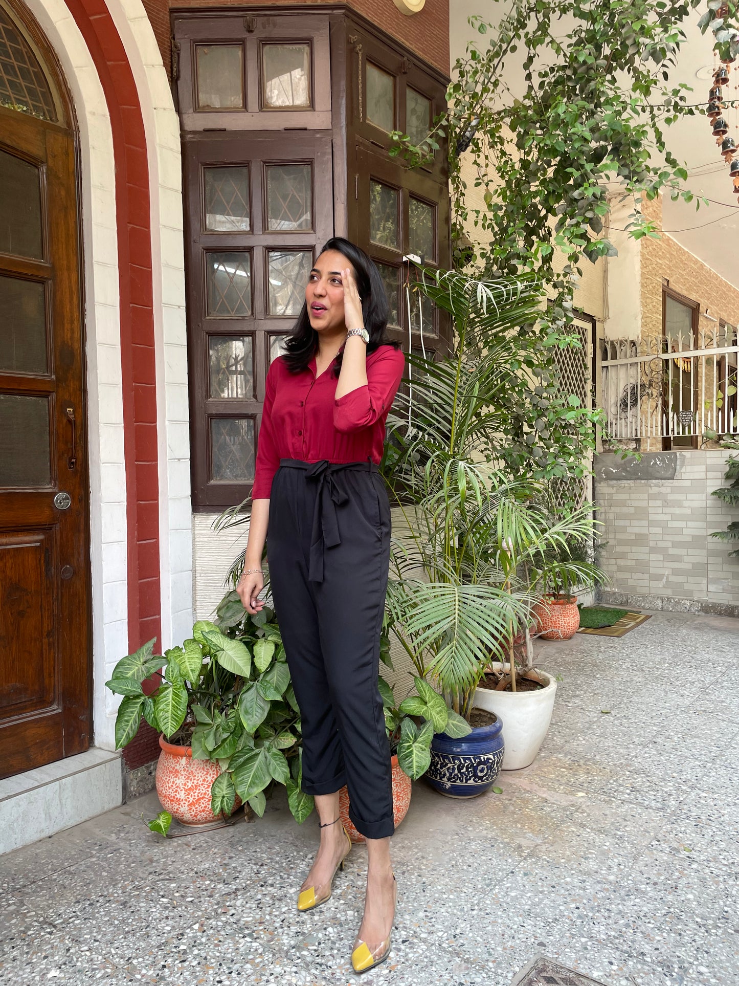 Maroon Shirt & Trousers Jumpsuit