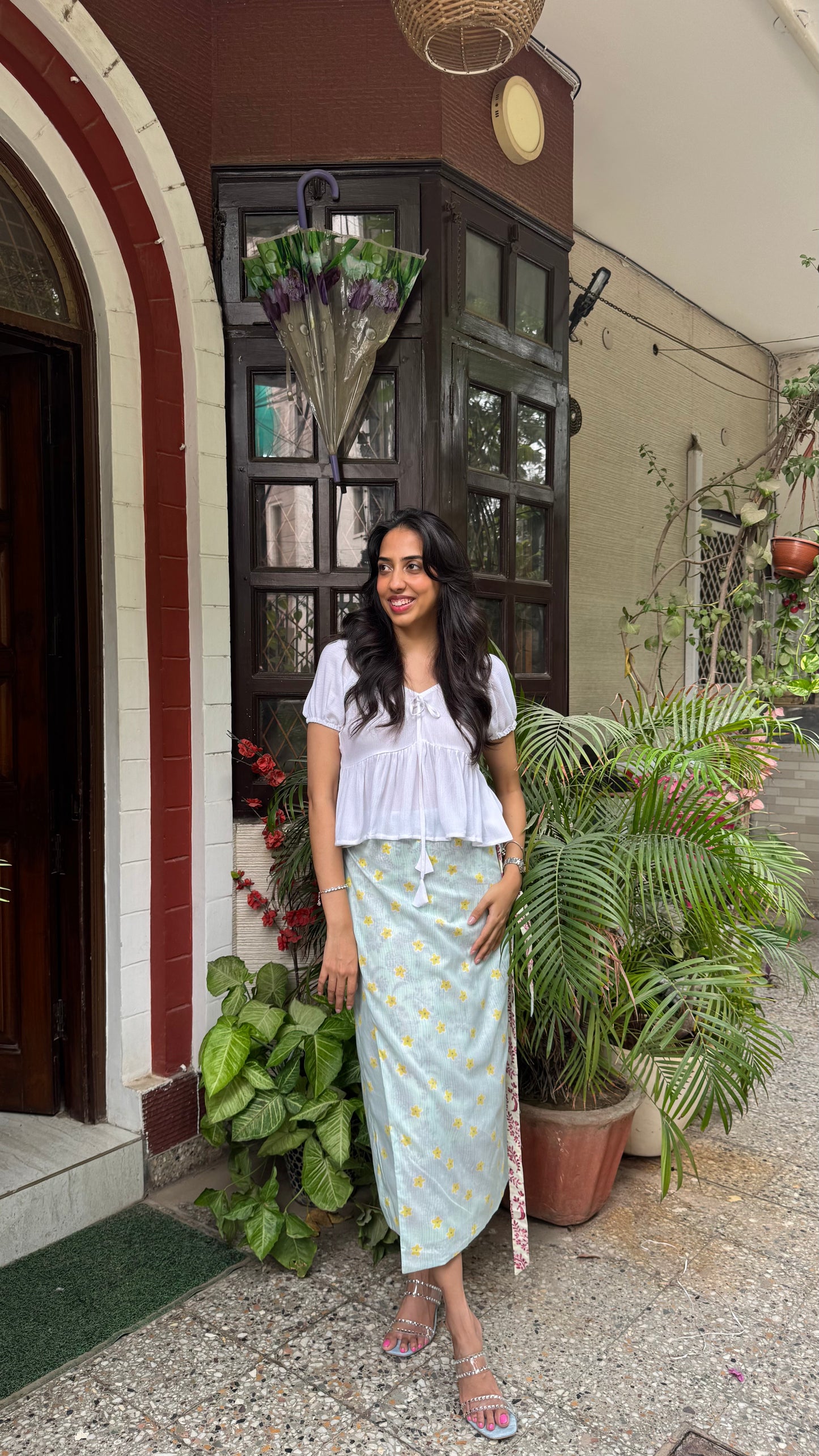 Reversible Pencil Cotton Wrap Skirt- White/Light blue (Premium Collection)